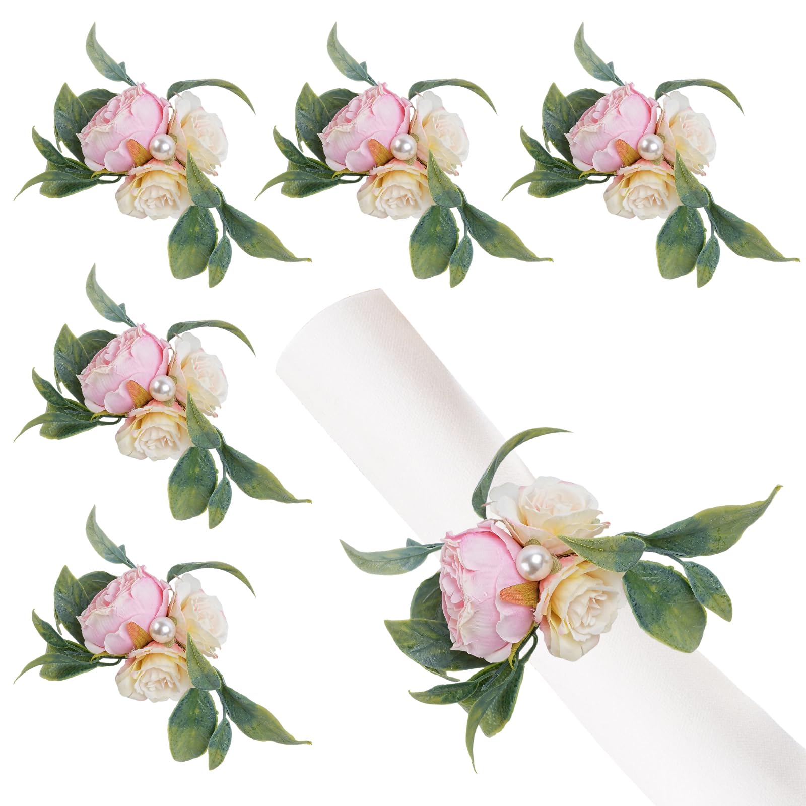 Handcrafted Pink Peony Flower Napkin Rings, Set of 6 - Floral Napkin Holders for Wedding Banquet, Birthday Party and Thanksgiving Table Decorations