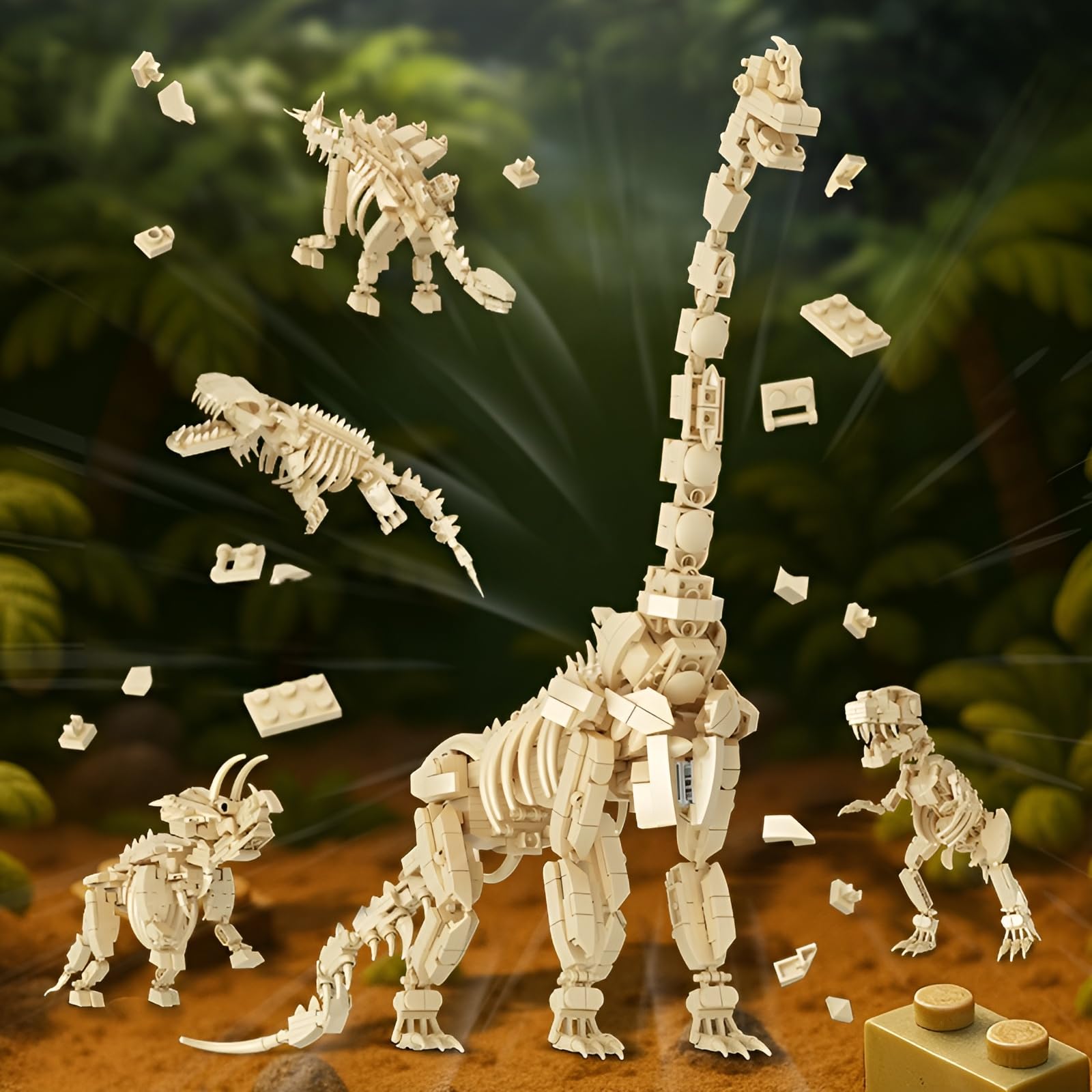 4-in-1-Dinosaurier-Skelett-Bausatz, 1221 Teile T-Rex, Stegosaurus-bausteine