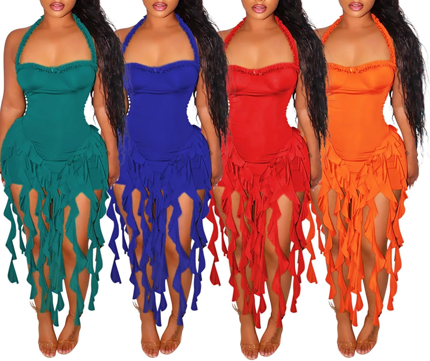 Ecirod Womens Summer Ruffle Fringe Mini Dress Sexy Halter Backless Cocktail Party Short Bodycon Tassel Dresses - Image 5