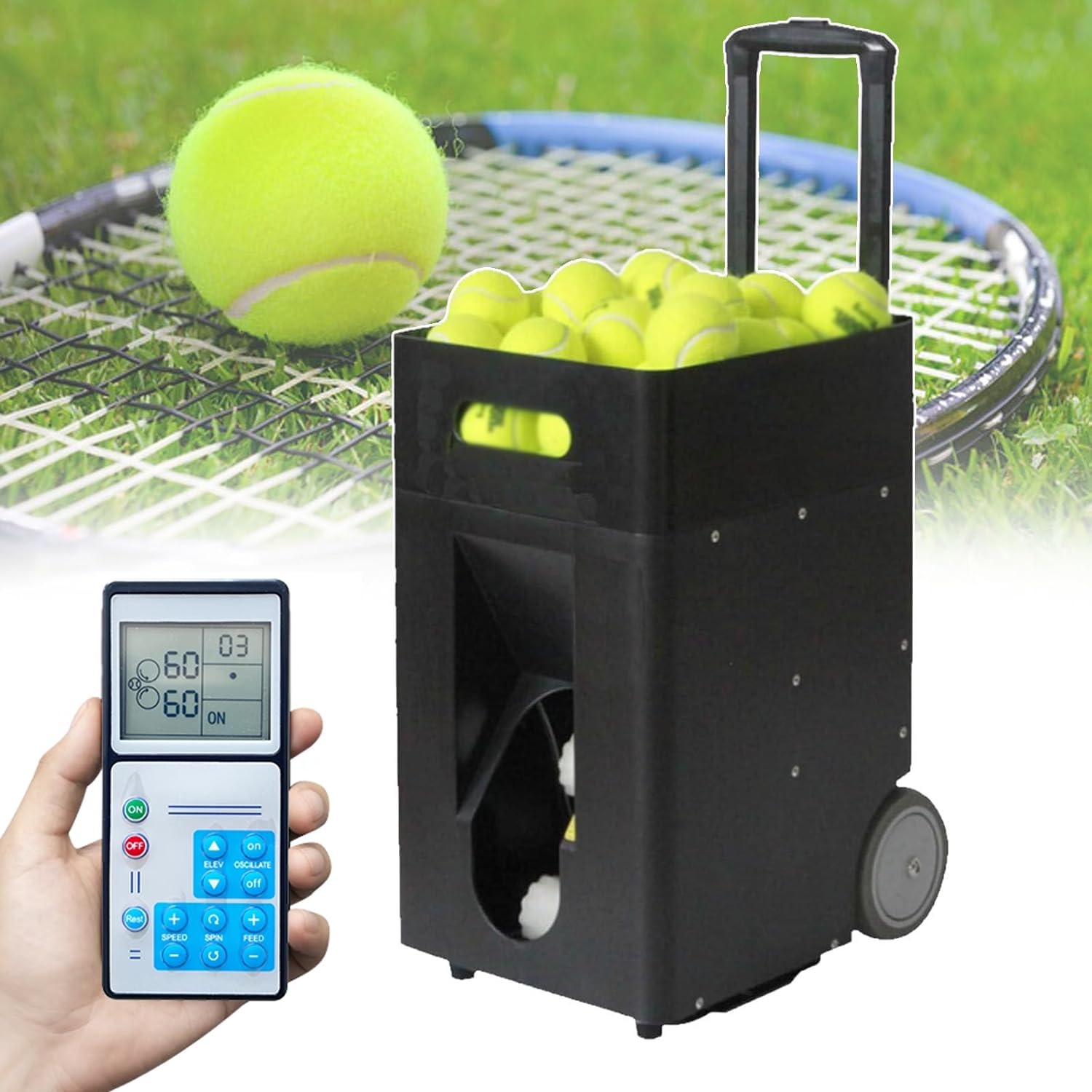 Lanciapalle da tennis portatile, lanciatore automatico da tennis con telecomando, angolo di lancio regolabile, frequenza e velocità di rotazione, grande capacità 50, per principianti che si allenano
