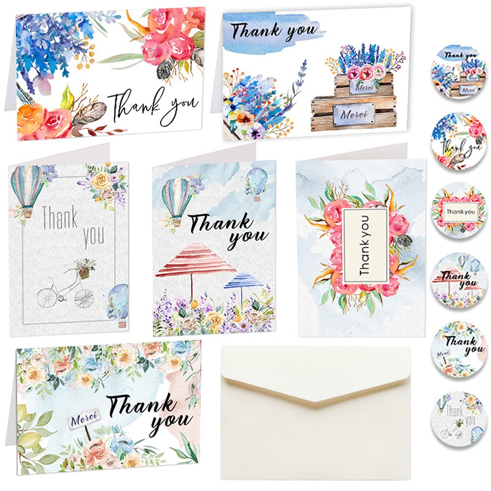24 sets aquarel dank u kaarten met enveloppen en stickers set 6 ontwerpen goud verijdelde wenskaarten dank u enveloppen ronde envelop zegel stickers voor bruiloft afstuderen baby douche
