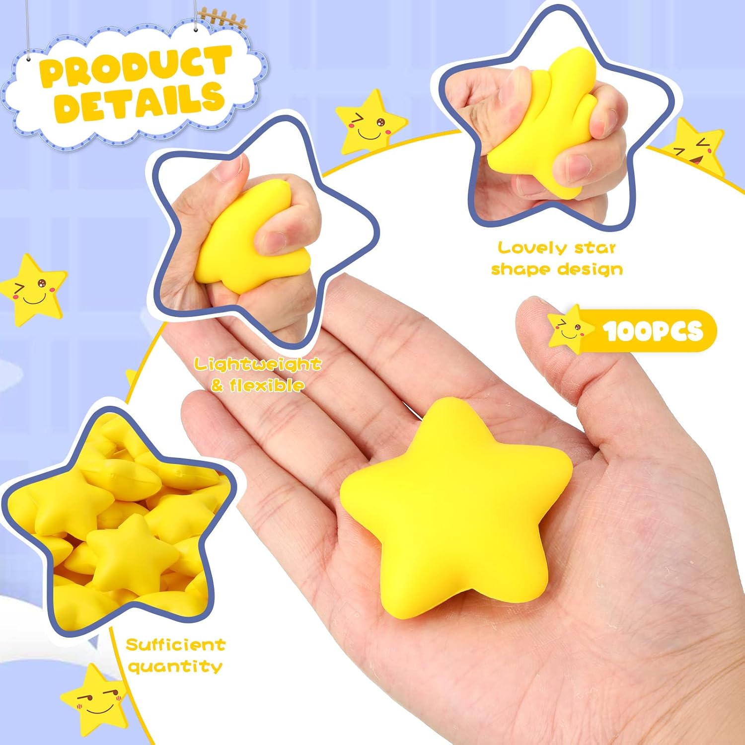 Lenwen 100 Pieces Star Stress Ball Bulk 2 Inch Foam Mini Star Stress Relief Toy for Teens and Adults Students Bag Fillers School Carnival Prizes, Employee Appreciation Gifts (Yellow)