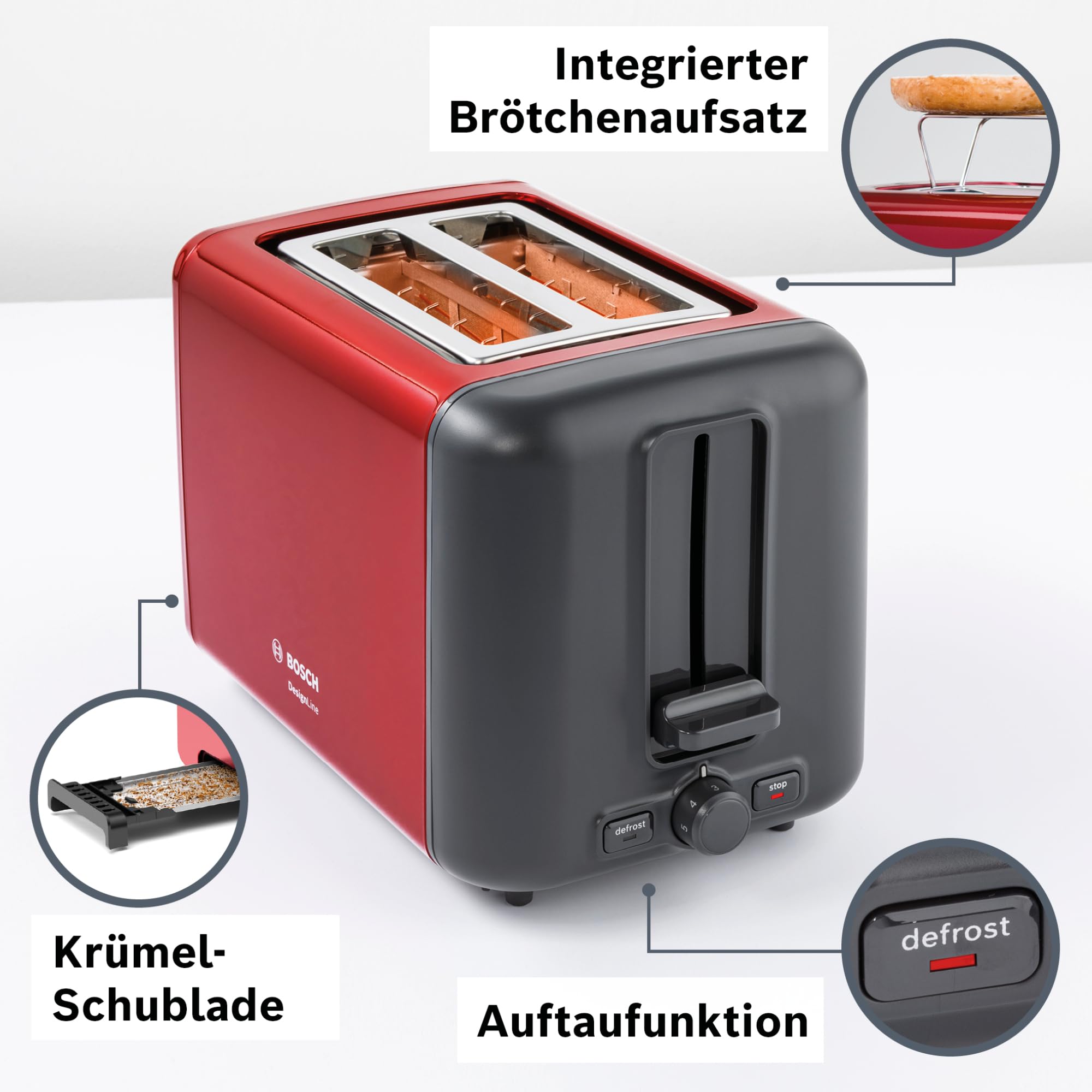 Bosch Toaster TAT3P424DE DesignLine, 2-Scheiben Toaster mit integriertem Brötchenaufsatz, Auftaufunktion & Aufwärmfunktion, Automatische Brotzentrierung, High-Lift, 970W, Rot