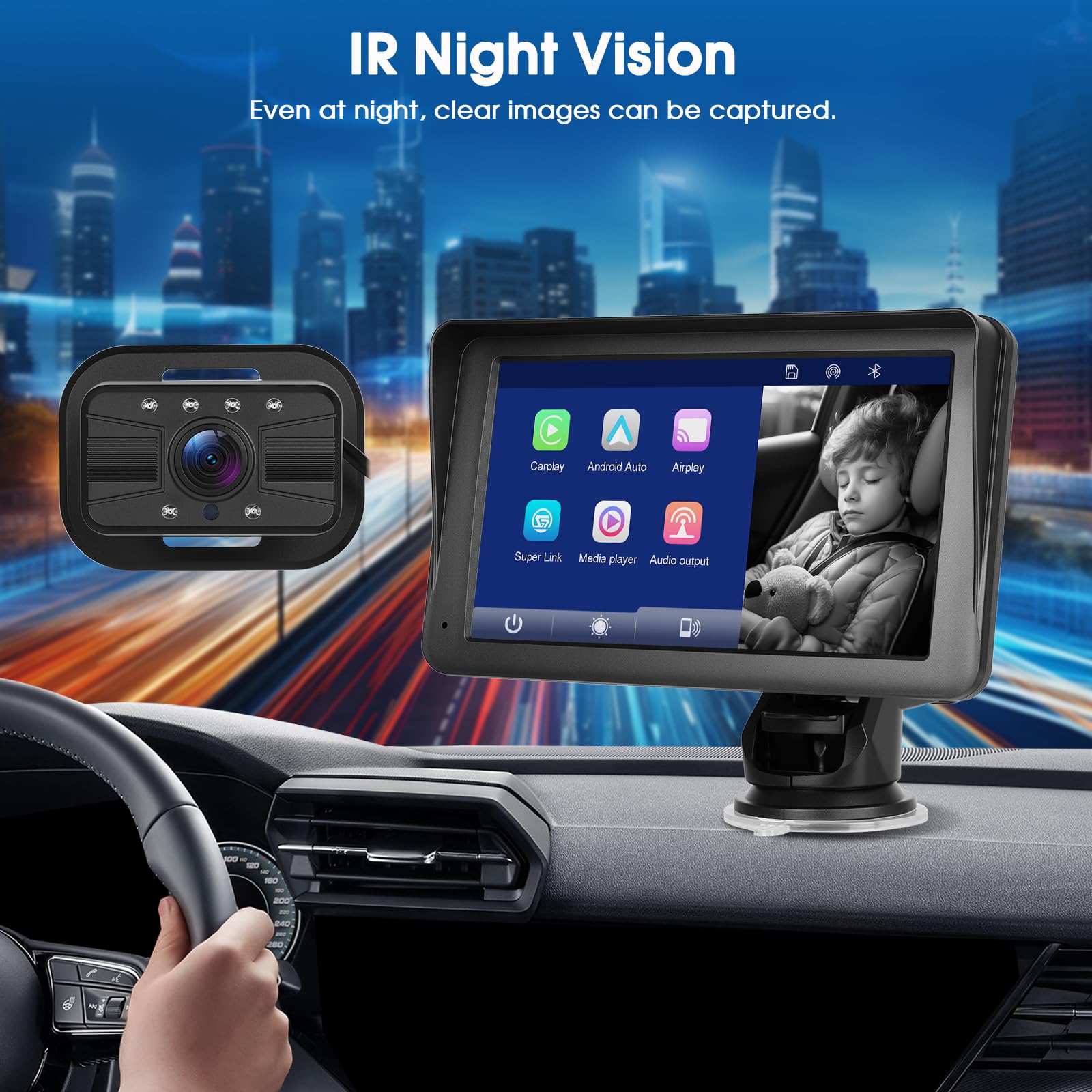Caméra bébé 7'' avec écran Tactile IPS - Babyphone sans Fil Android Auto, AirPlay, Android Cast, Bluetooth, GPS en Ligne, Vision Nocturne avec éclairage Infrarouge, Installation Facile, 7-32V