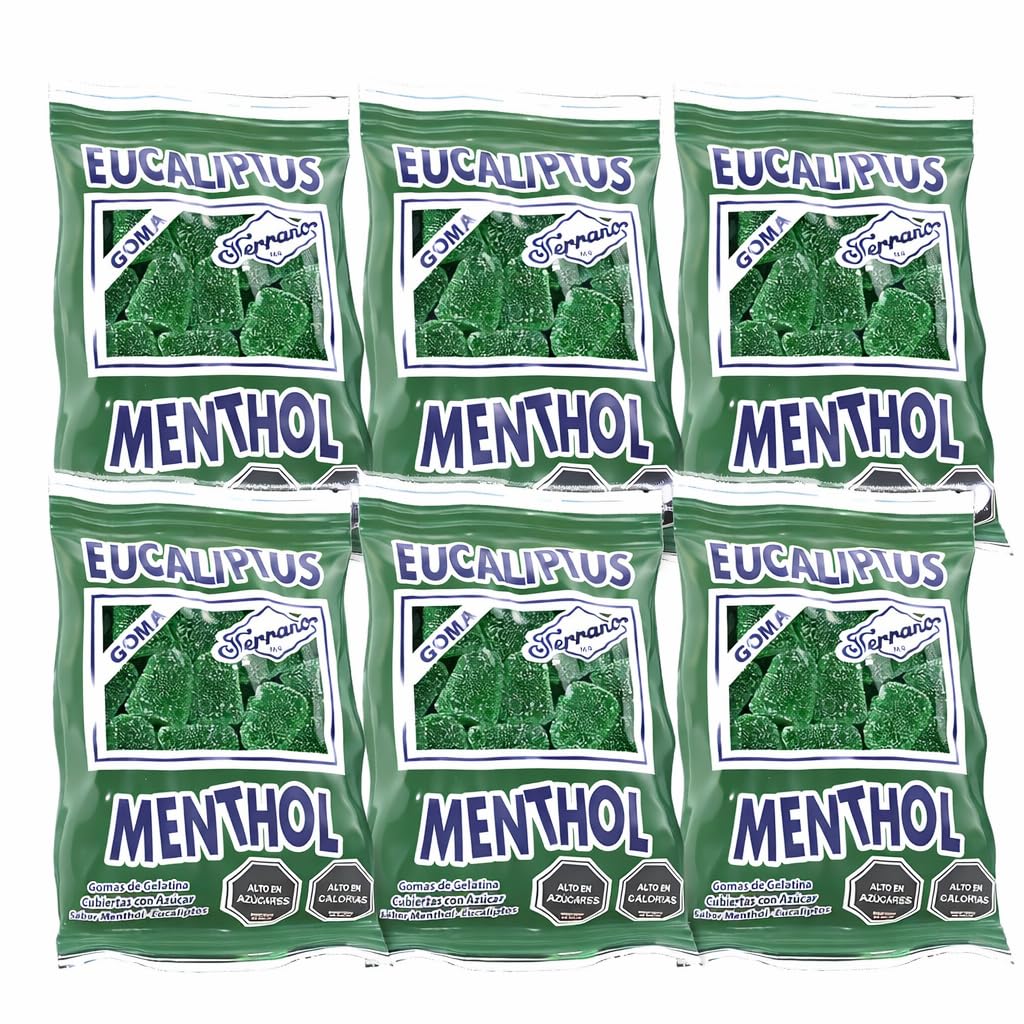 Eucalyptus Menthol Gummies, Gelatin Candy, Sugar Coated, Menthol Eucalyptus Flavor- Fruna pack of 6 x 45g each