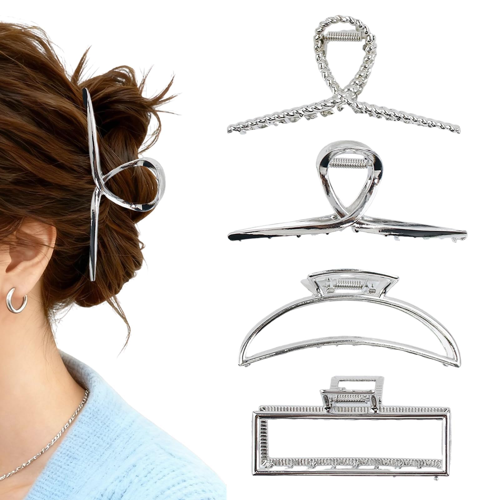 Große Metall-Haarklammern für Damen, rutschfeste Haarklammern mit starkem Halt, modisches Zubehör für dünnes, dickes, langes, lockiges Haar, 4 Stück (Silber1)