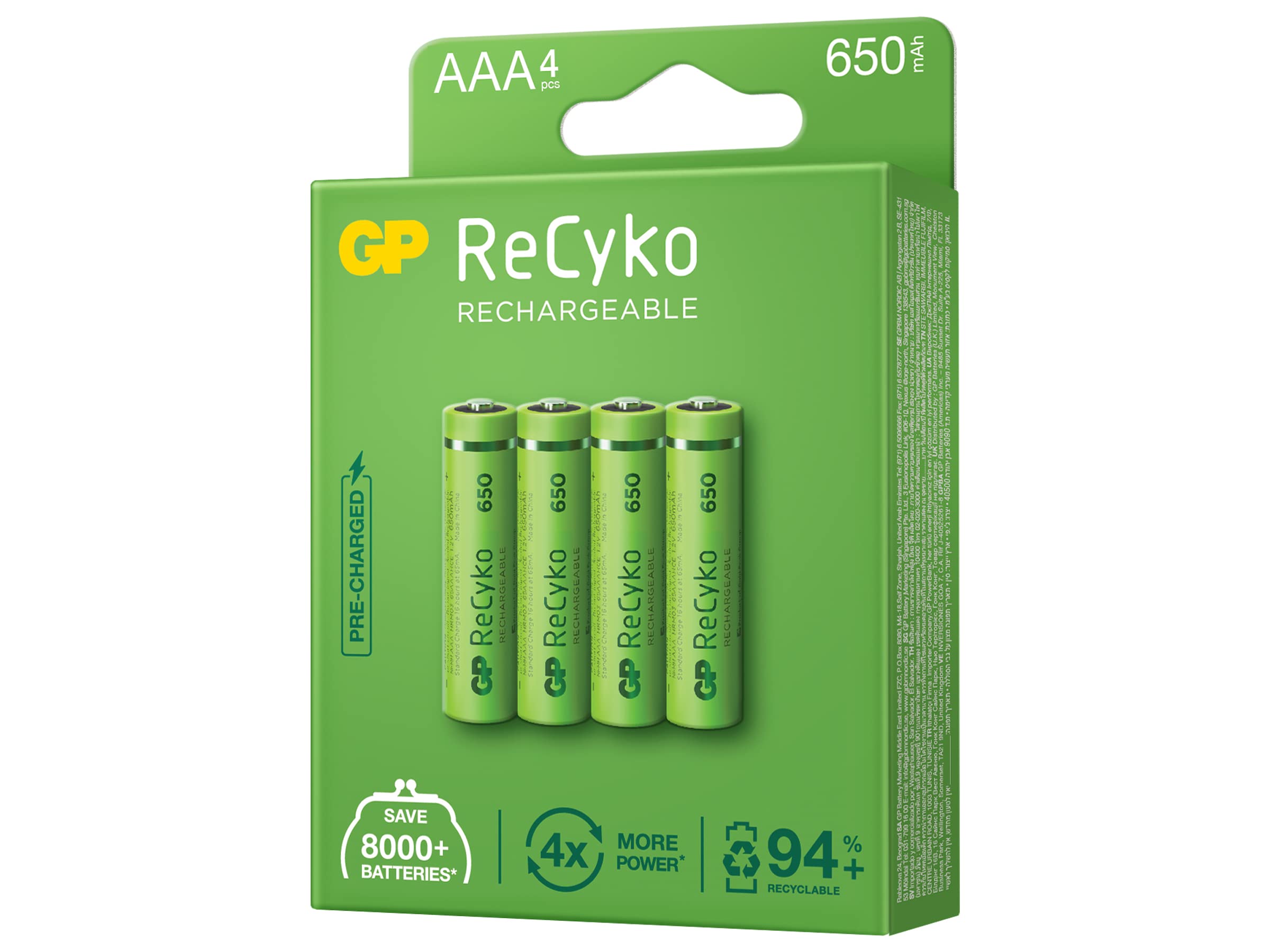 GP EkoPower - Paquete de 4 pilas recargables AAA 630mAh NiMH (1.2 V)