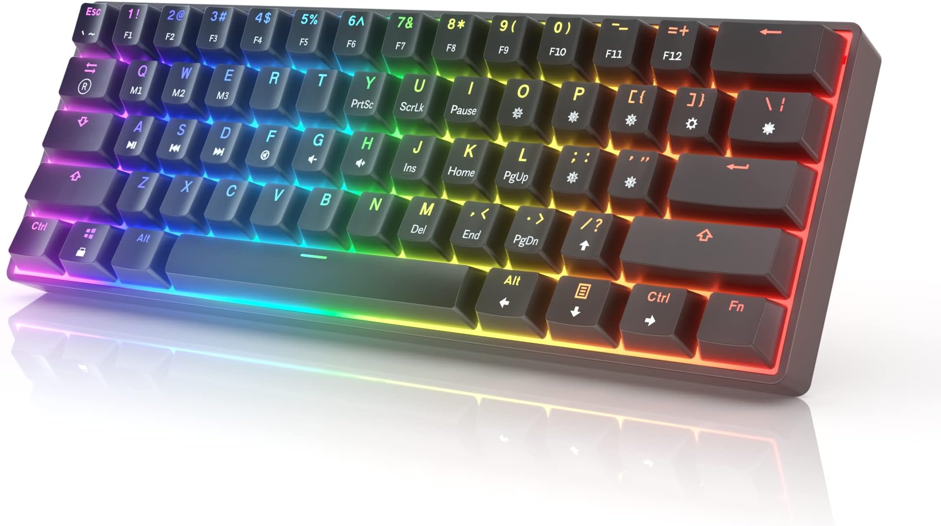 HKKB GK61 Mechanical Gaming Keyboard 60 Percent | 61 RGB Rainbow LED Backlit Programmable Keys | USB Wired | For Mac and Windows PC | Hotswap Gateron Optical Yellow Switches | Black