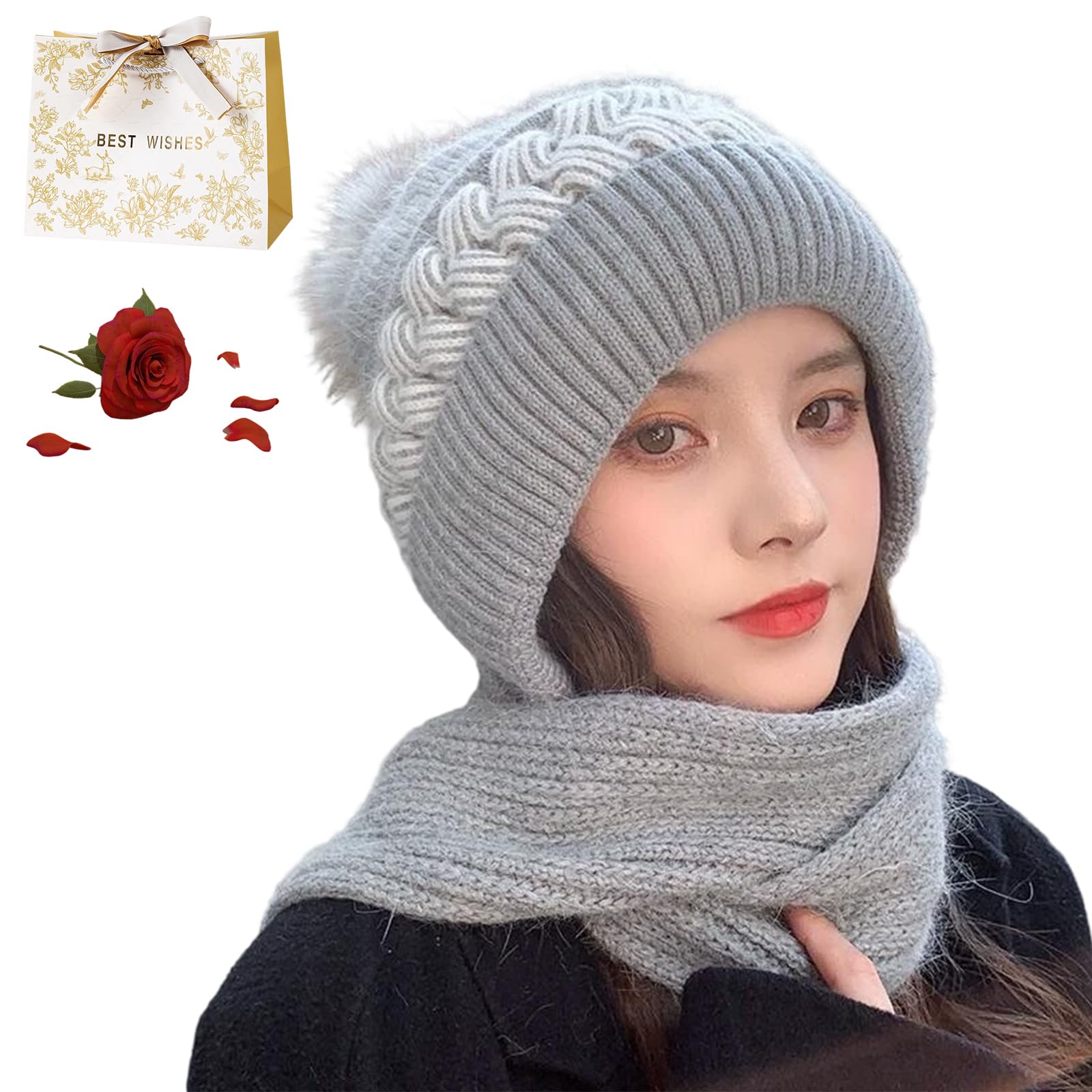 Winter Versatile Knitted Hooded Scarf For Women, Hooded Scarf Women, 2 In 1 Integrated Ear Protection Windproof Hats And Scarves, All In One Hat And Scarfs, Double The Warmth (2PCS-I)