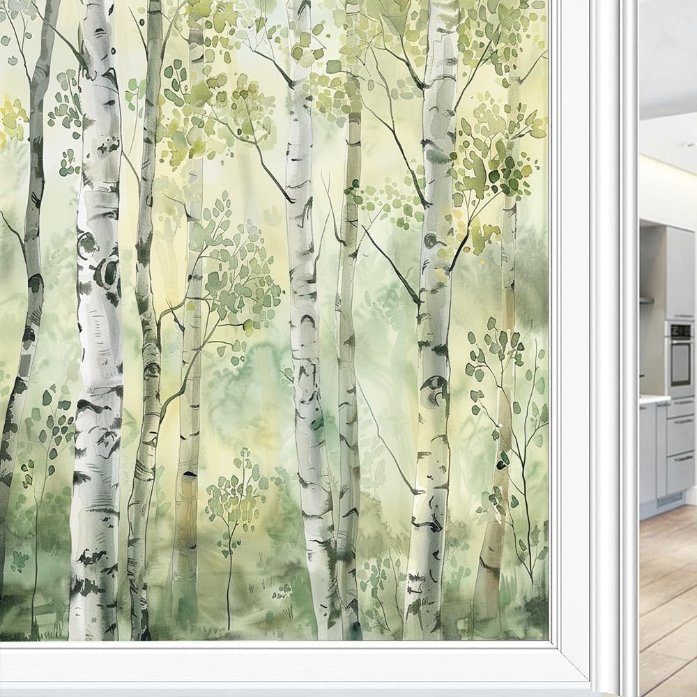 Vintage Woods Window Privacy Film Stained Glass Colorful Rustic Green Birch Tree Window Clings for Glass Decorative Stickers Static Cling Sun Blocking Coverings 45x60 cm