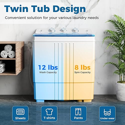 Miniatura 3 de COSTWAY Lavadora portátil, doble tina de 20 libras de capacidad, lavadora compacta de lavandería (12 libras) y giratoria (8 libras), manguera de