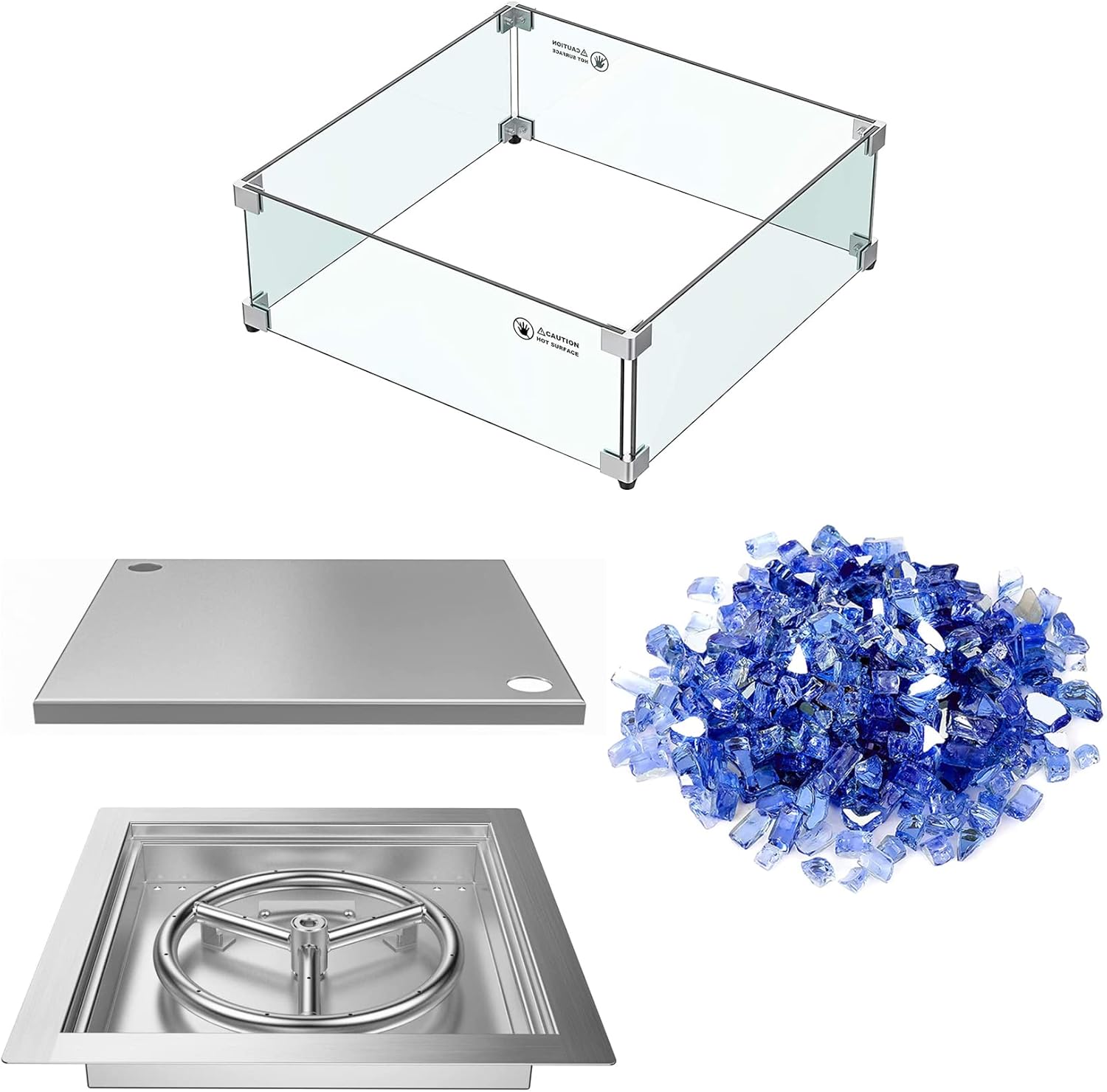 Skyflame 12 inch Square Stainless Steel Drop in Fire Pit Burner Pan with Burner Ring and Protective Cover, Include Glass Wind Guard and Fire Glass