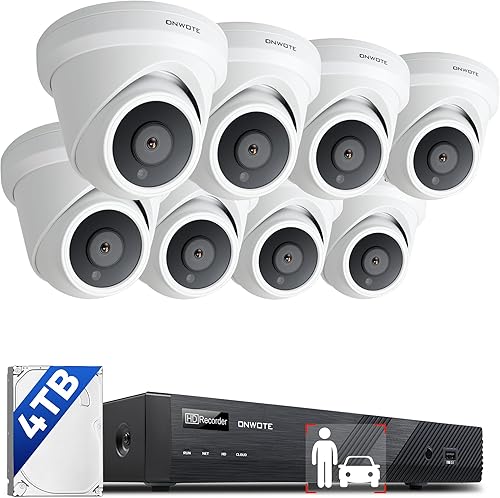 Onwote - Sistema de cámara de seguridad NVR PoE 4K, NVR comercial de 16 canales 6K 12MP 4TB, 8X cámaras IP al aire libre con cable de 8MP 134° con