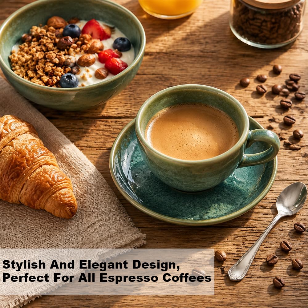 4 Espressotassen Set Keramik Hochwertig Espresso Tassen Set mit Untertassen 90 ml Kaffeetassen Set 4er Esspresotasen Spülmaschinenfest Mikrowellenfest(Jadegrün)