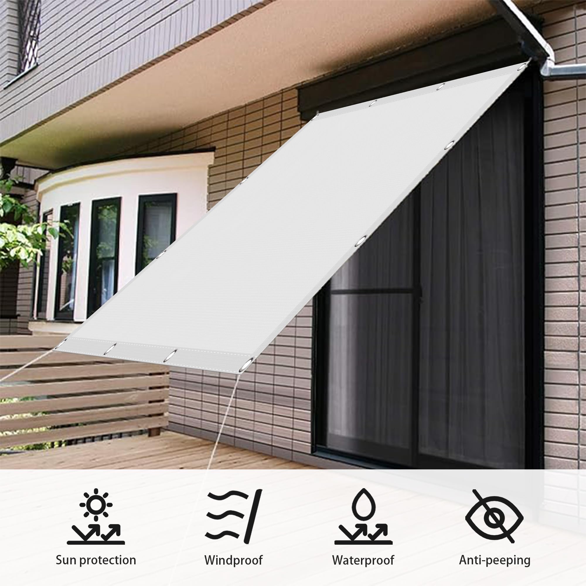 Sonnensegel mit Ösen 180 x 200 cm Rechteckig Wasserdicht 98% UV Schutz Balkon Regenschutz Ohne Bohren mit Ösen Segeltuch für Terrasse Balkon, Hellgrau