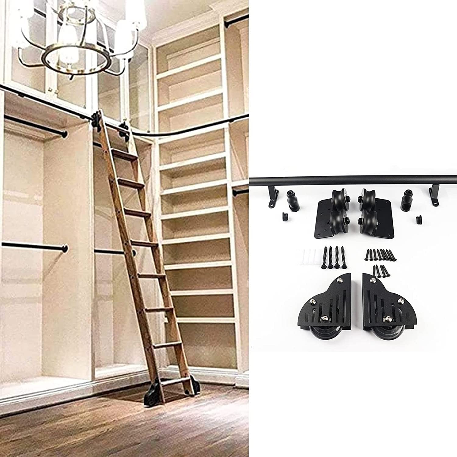 GHFXSCV Rolling Library Ladder Hardware Kit 3.3ft-20ft，Round Tube Mobile Ladder Rail Rolling Ladder Sliding Track Hardware with Floor Roller Wheels (No Ladder) (Size : 16ft/500cm Track kit)