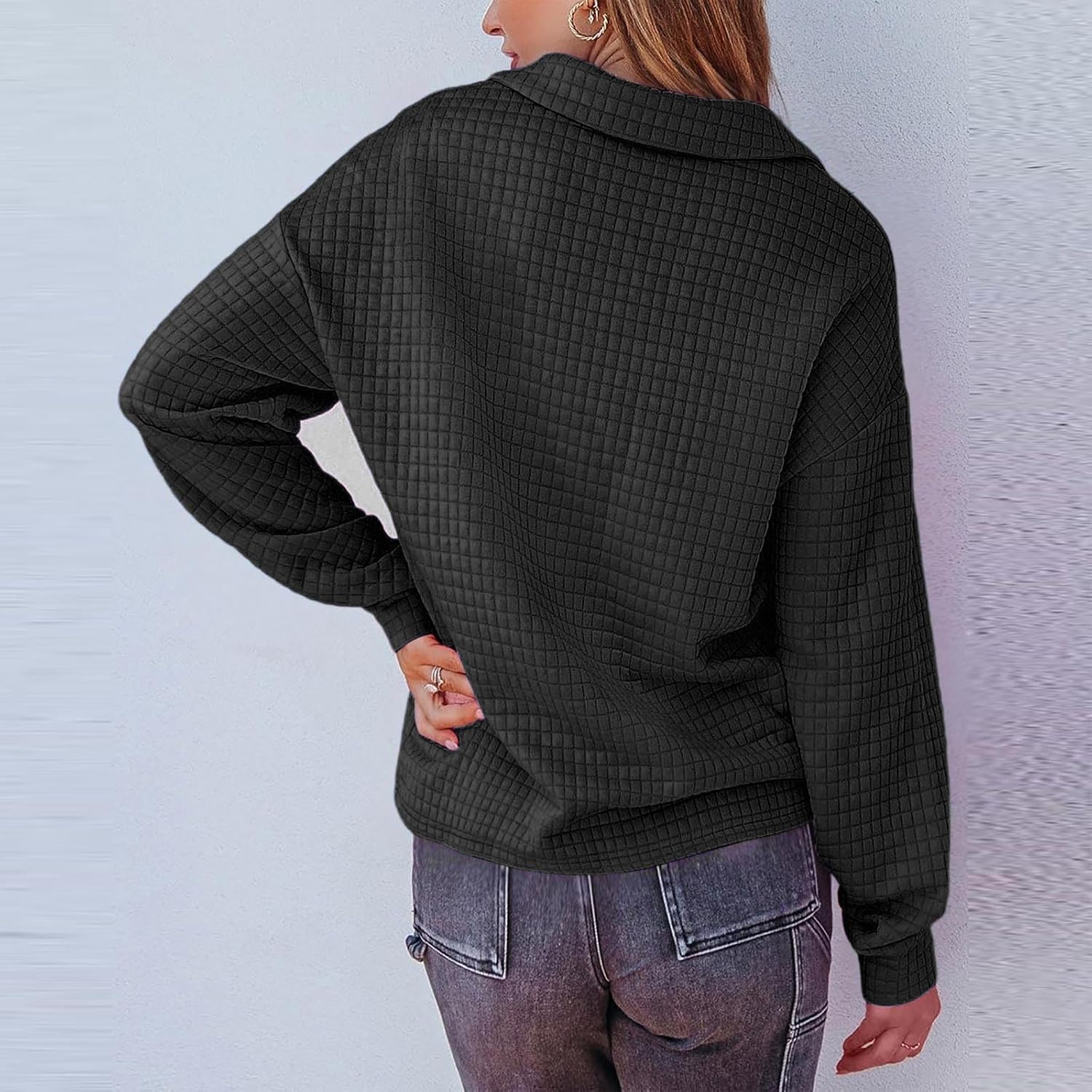 Oplxuo Womens Sweatshirt Waffle Long Sleeve Lapel V-Neck Casual Lightweight Soft Sweatshirts Loose Pullover Tops