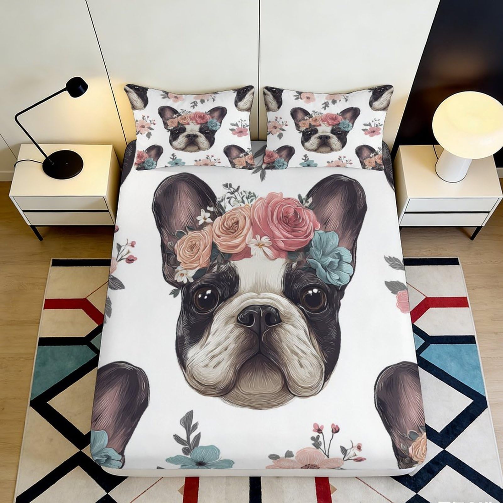 Uxinyoume Style-6 3D Printed French Bulldog Floral Fitted Sheet Microfiber Soft Mattress Cover For Bedroom Dorm Decorative Bed Protection 90X200x25cm