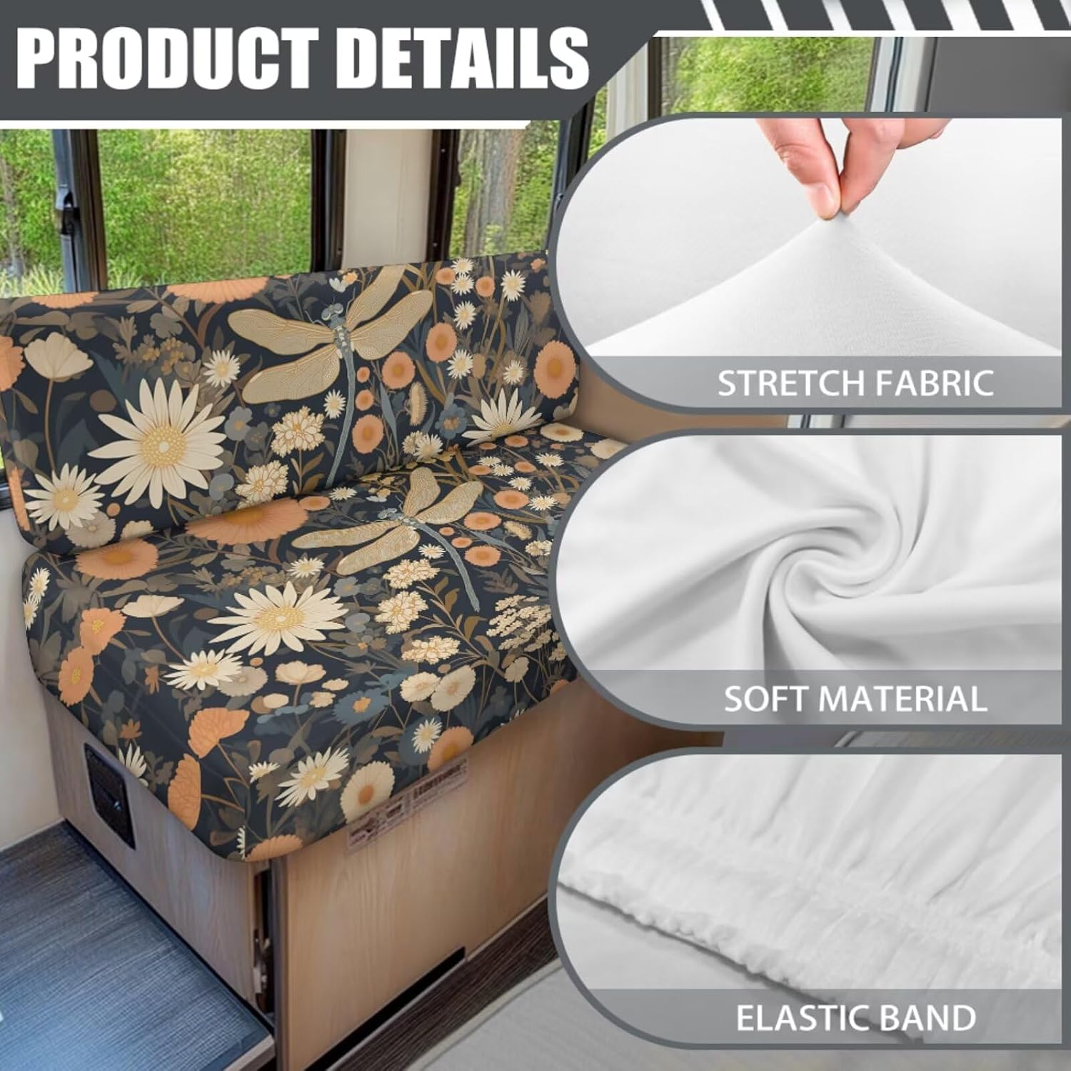 Vintage Floral Dragonfly Print 6 Pcs RV Dinette Cushion Covers Replacement RV Dinette Booth Seats Cover Sofa Chair Cover Pillowcase Furniture Protector for RV Camper Car Bench