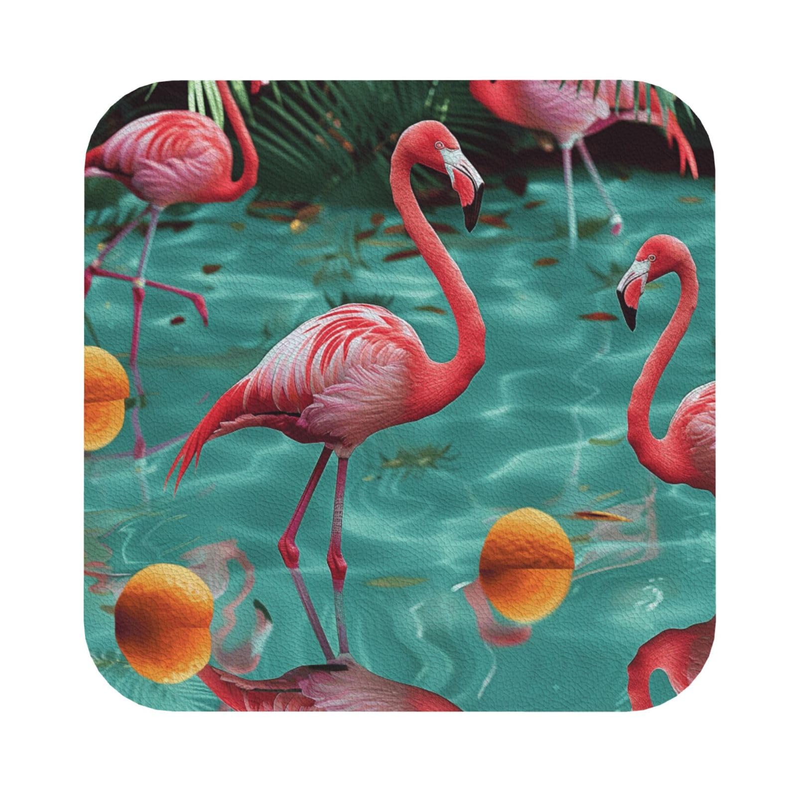 Flamingo Printed Coasters for Drinks, Leather Coaster Sets of 4, Funny Coffee Cup Coaster, Absorbent Coaster for Home and Office Kitchen Bar Square