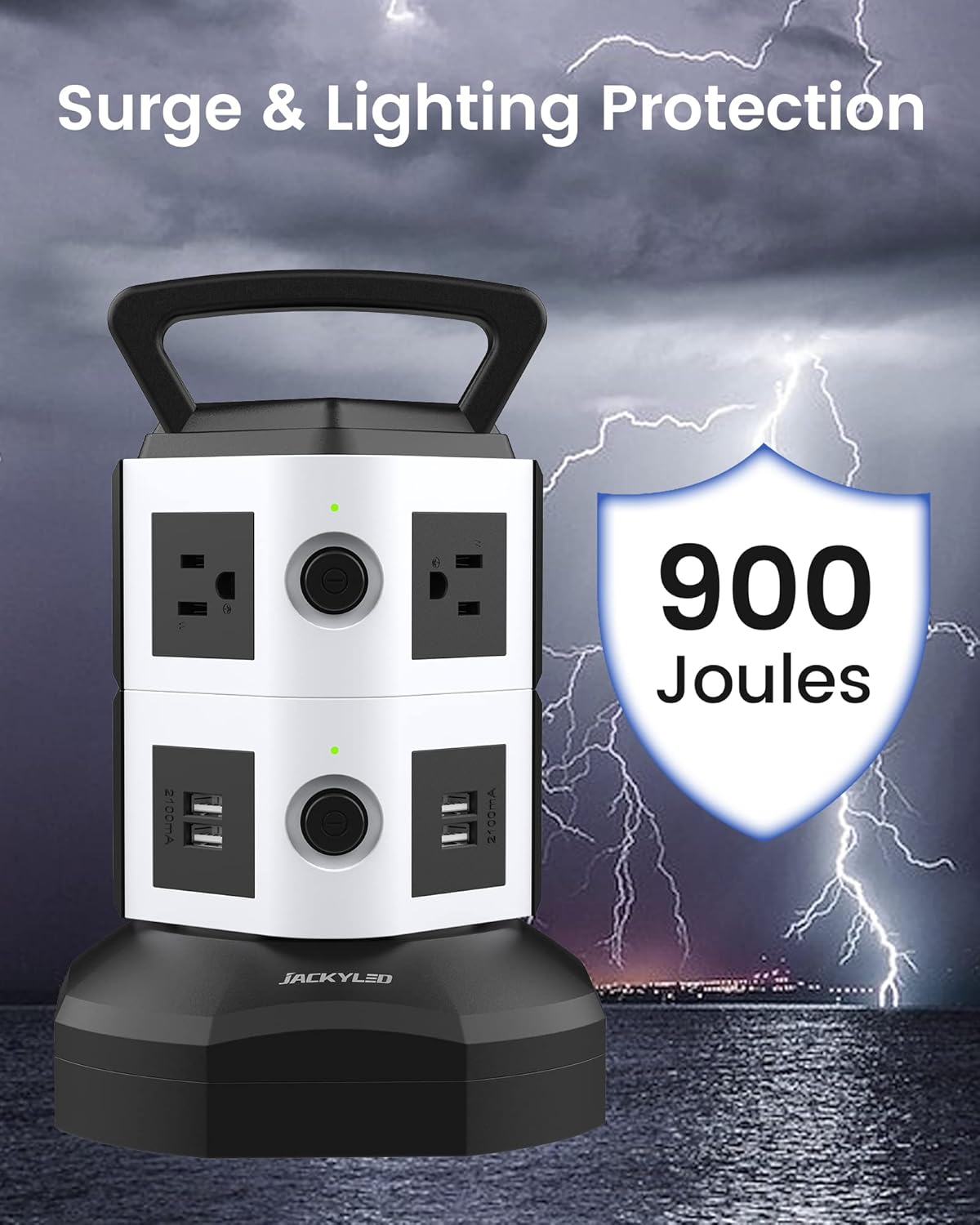 Power Strip Tower Surge Protector, JACKYLED 6.5ft Retractable Extension Cord with 4 USB Ports 6 AC Outlets, 3000W 13A Desktop Charging Station for Home Office Dorm Room