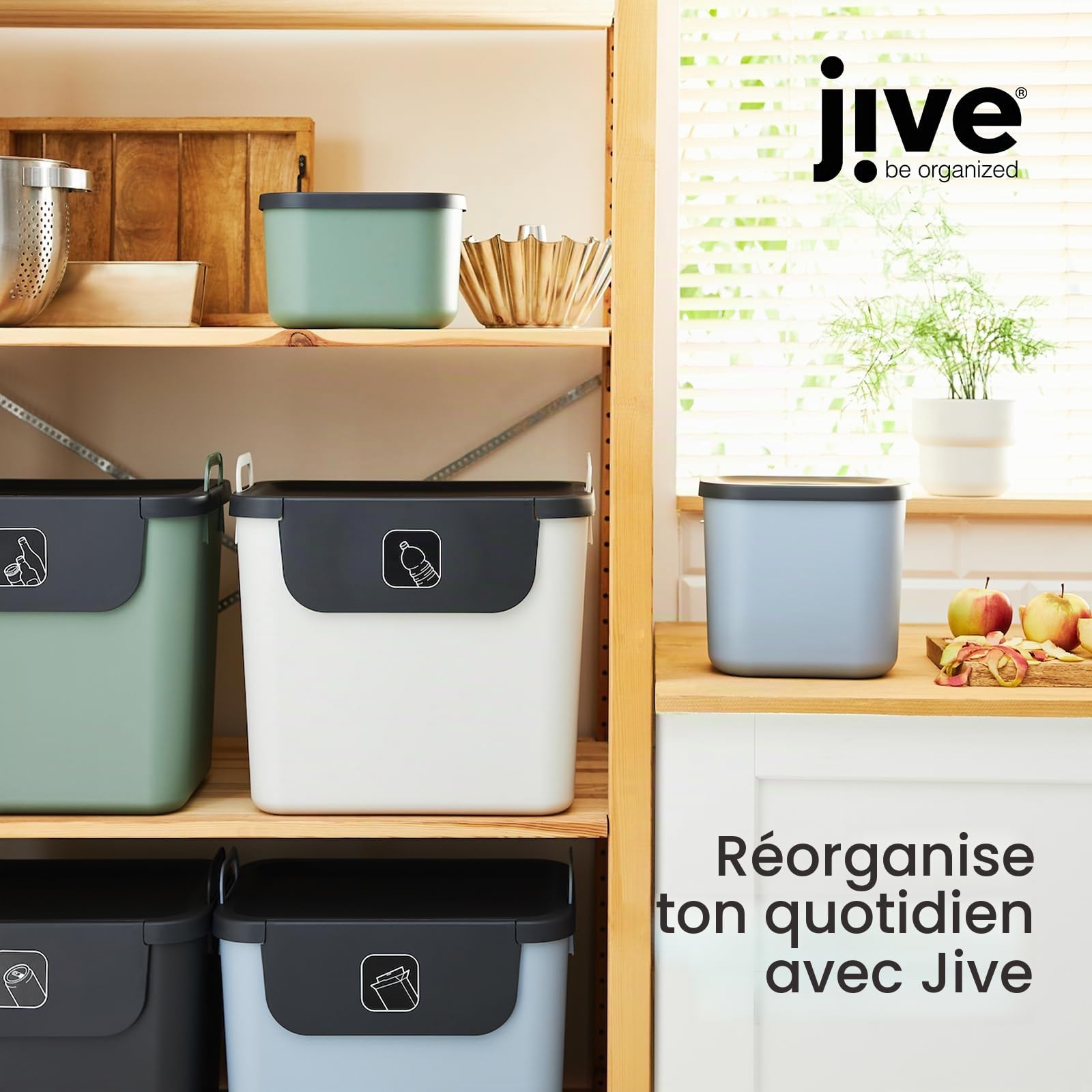 Jive Dekobox Lot de 3 boîtes de rangement avec couvercle, plastique (polypropylène recyclé), blanc/anthracite, 3x16l (36.1 x 26.4 x 20.2 cm) | Bac de stockage en plastique recyclé pour format A4 - Organisateur empilable avec poignées - 36,1 x 26,4 x 20,2