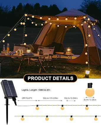 Solar Garden String Lights Outdoor, 33Ft/10M 100LEDs Solar Powered Fairy Lights with 20 Shatterproof G40 Bulbs, 8 Modes Waterproof USB/Solar Festoon Lights for Fence Camping Decor (Warm White) [Energy Class A]