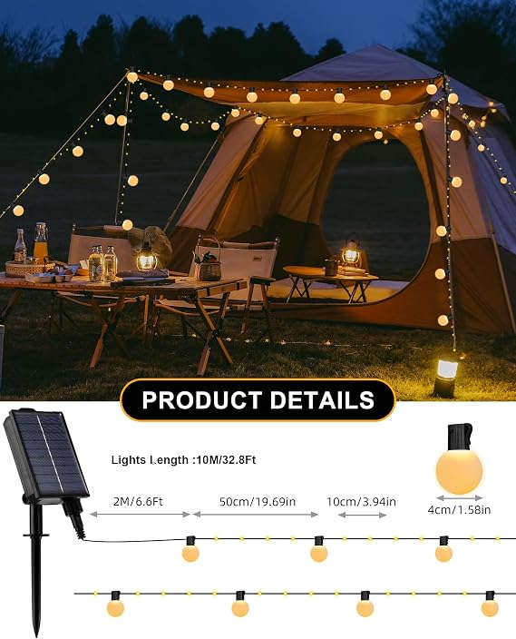 Solar Garden String Lights Outdoor, 33Ft/10M 100LEDs Solar Powered Fairy Lights with 20 Shatterproof G40 Bulbs, 8 Modes Waterproof USB/Solar Festoon Lights for Fence Camping Decor (Warm White) [Energy Class A]