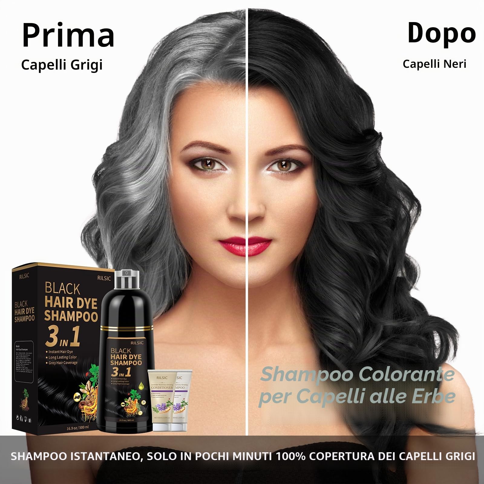 Shampoo Colorante, 500ml Hair Dye Shampoo 3 in 1 & 50ml Shampoos & 50ml Balsamo, Colorante Tinta Capelli Istantaneo, Naturale Hair Color per Donna Uomo (Nero, 600ML)