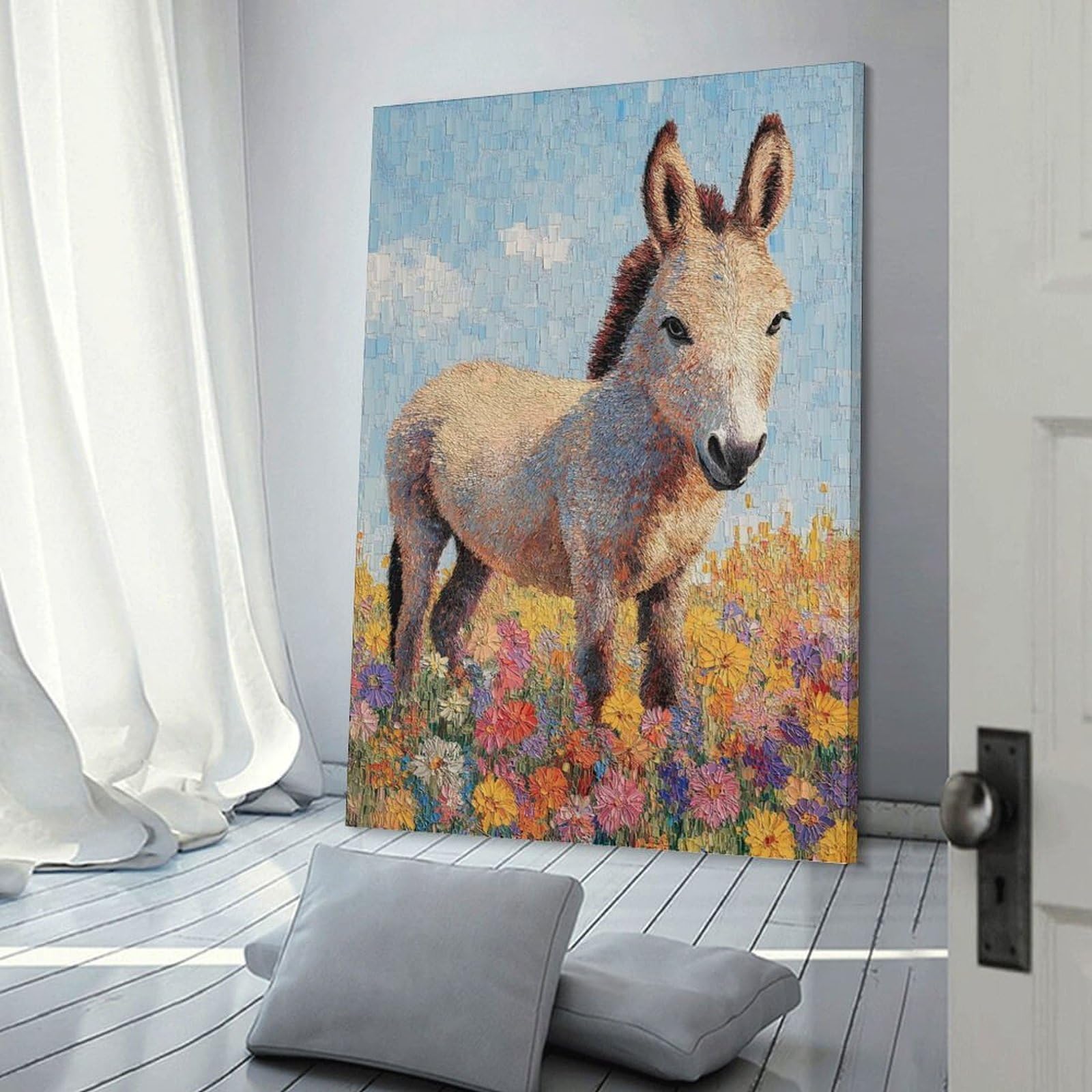 Junmoney Donkey in A Field of Flowers Hanging Wall Art, 08x12inch(20x30cm), for New Homes, Bedrooms Or Workspaces, Thoughtful Wall Decor for Art Lovers