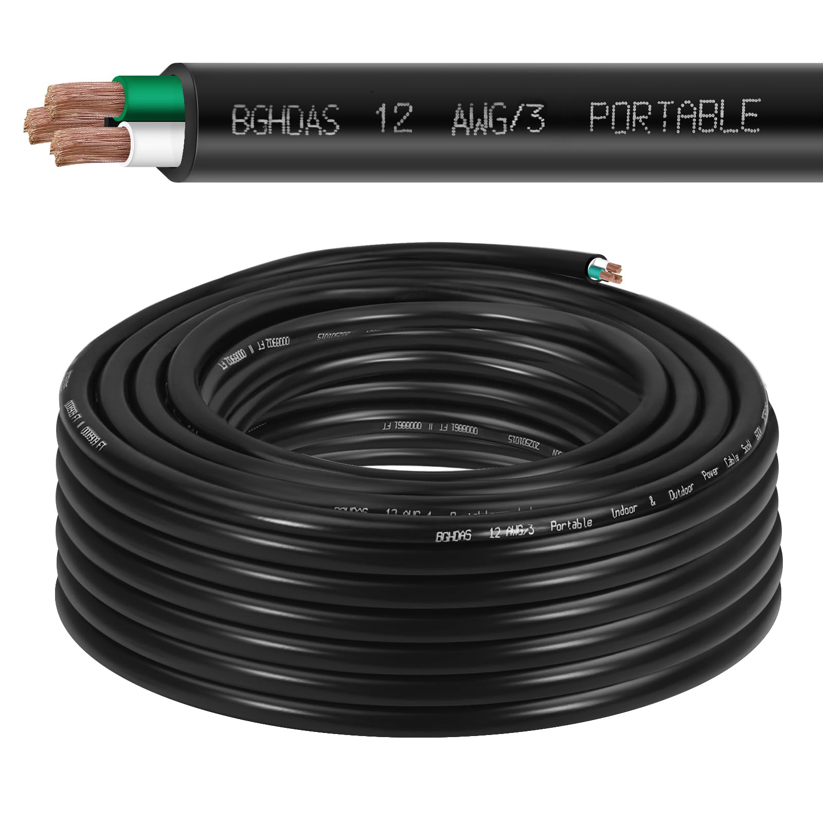 25ft 12/3 12 AWG Portable Power Cable (3 Conductor) - SOOW 600V 12 Gauge Electric Wire for Generator, Portable Lights, RV/EV Car Battery Chargers and