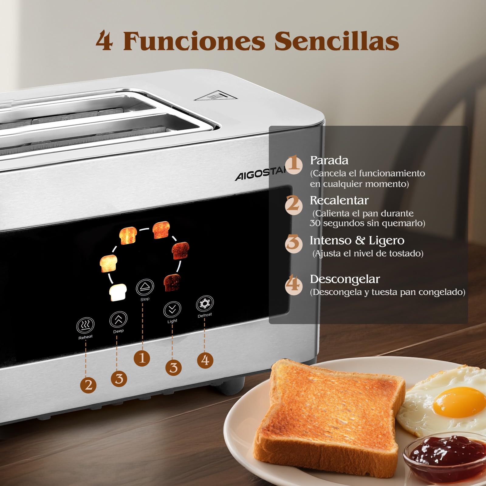 Aigostar Tostadora de 4 Rebanadas, Pantalla Táctil LED, Doble Ranura Larga y Extra Ancha de 4 cm, 6 Niveles de Tostado, Funciones de Recalentar, Descongelar y Parada, Acero Inoxidable, 1400W