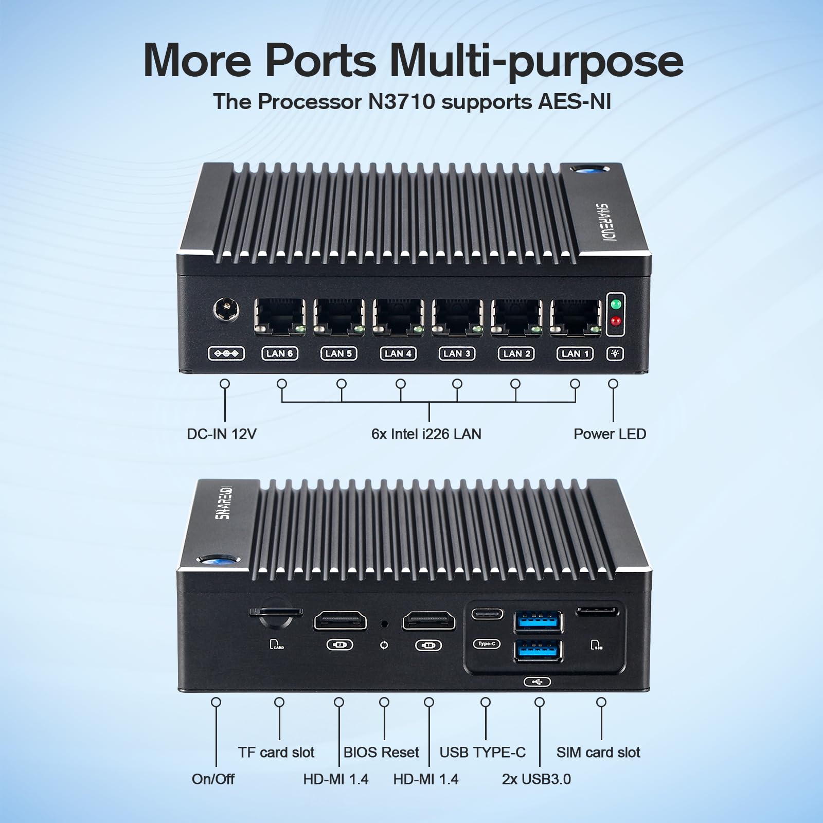 Sharevdi Fanless Firewall Appliance 6X Intel i226 LAN Firewall Mini PC Intel N3710 4C/4T,DDR3 mSATA SSD, Network Gateway Soft Router, Test with P-F-Sense/OPN-Sense AES NI HD/Type-C/SIM Card/TF/Wi-Fi: N3710/DDR3/mSATA SSD/6 LAN/Type-C
