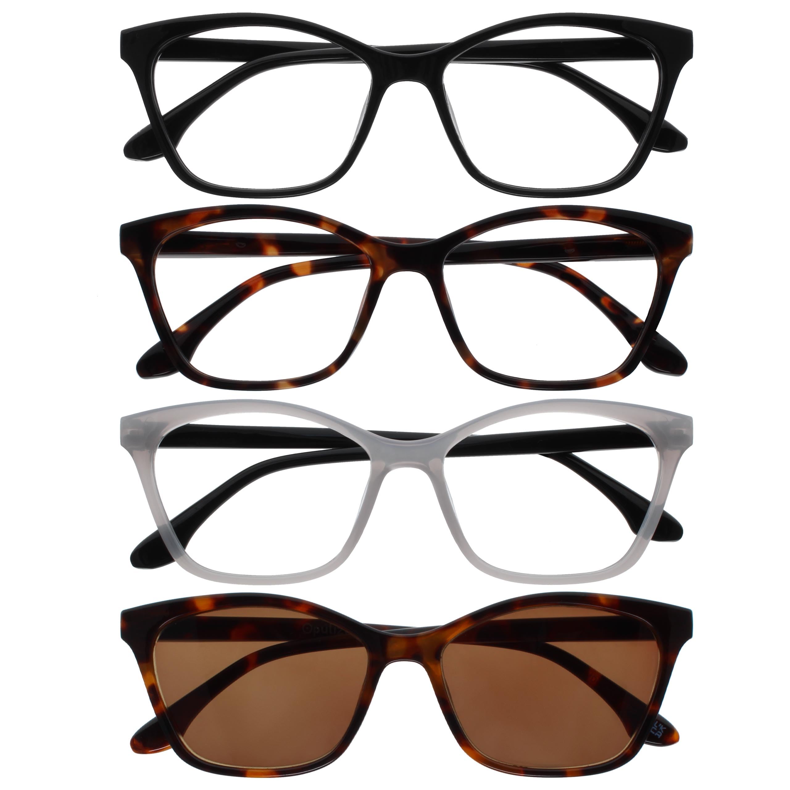 OPULIZE KAT Readers & Reading Sunglasses, 4-Pack, Cat-Eye Frame, Black, Brown, Grey, Brown, Men & Women, Spring Hinges