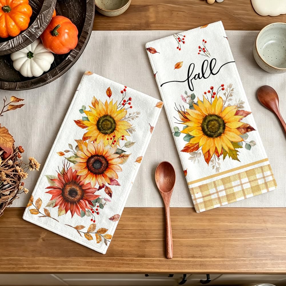 RABUSOFA Sunflower Buffalo Plaid Leaves Fall Kitchen Towels Kitchen Decor