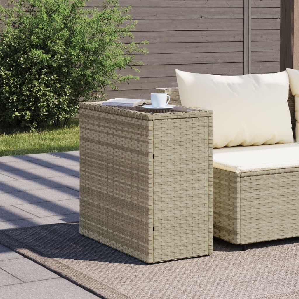 Stolik kawowy na zewnątrz ze szklanym blatem, 58 x 27,5 cm, rattan PE i szkło hartowane, mały stolik pomocniczy na taras, balkon i trawnik