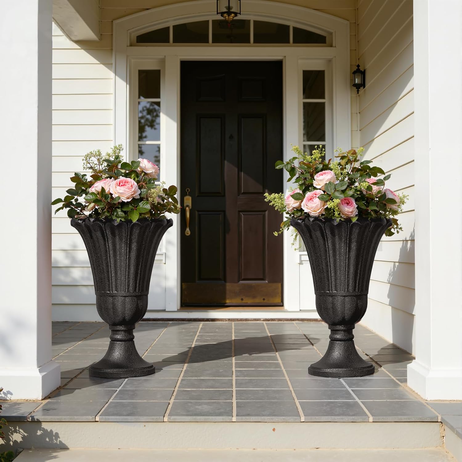 Tall Plastic Urn Planters for Outdoor Plants Set of 2-23.6" H Classic Petal Design Indoor Large Flower Pots with Drainage Holes, Outdoor Planters for Porch Decor/Garden Vase, Black