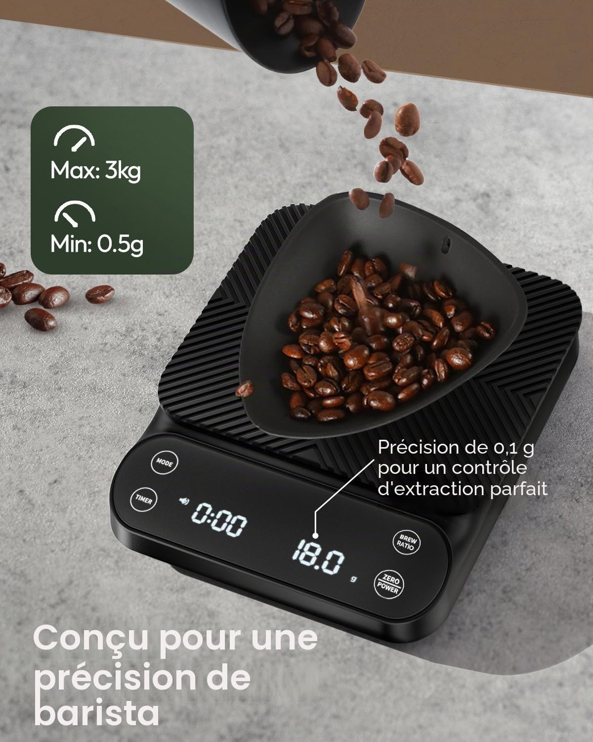 Maestri House Balance à café rechargeable avec minuterie, 3 kg/0,1 g, 3 modes d'infusion, rapport d'infusion personnalisable, balance numérique de qualité barista pour verser, expresso, presse