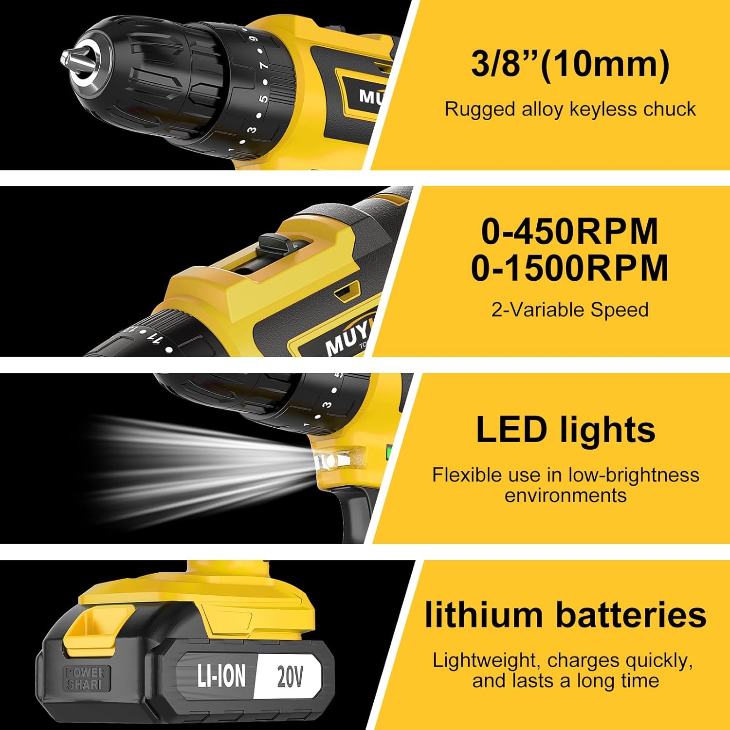 Cordless Drill Set 70PCS, Power Drill Cordless with Battery and Charger, 3/8" Keyless Chuck Electric Drill Tool Kit for Home Repair and DIY Projects, 2 Batteries
