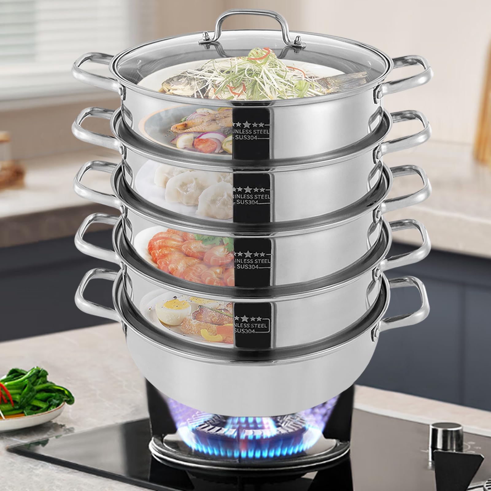 Dampfgarer Edelstahl 32cm 5 Etagen Dampfkocher Gemüse Kartoffeldämpfer mit Dampfeinsatz und Zwei Griffe Stapelbar, Glasdeckel für Gasherden, Induktionsherden und Keramikherden Kompatibel
