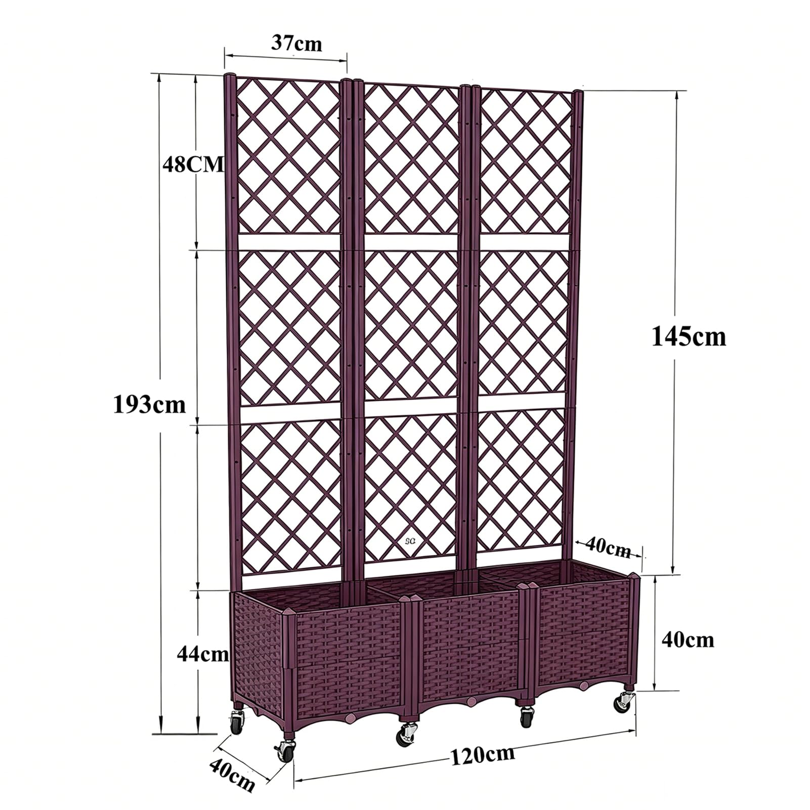 Fioriera 3 Pezzi con Traliccio, 120x40x193 cm, Vaso Fioriere alto in PP Resistente con Ruote Frenabili e fori Drenaggio, Fioriera da Balcone per Piante Rampicanti, Giardino Terrazza, Marrone