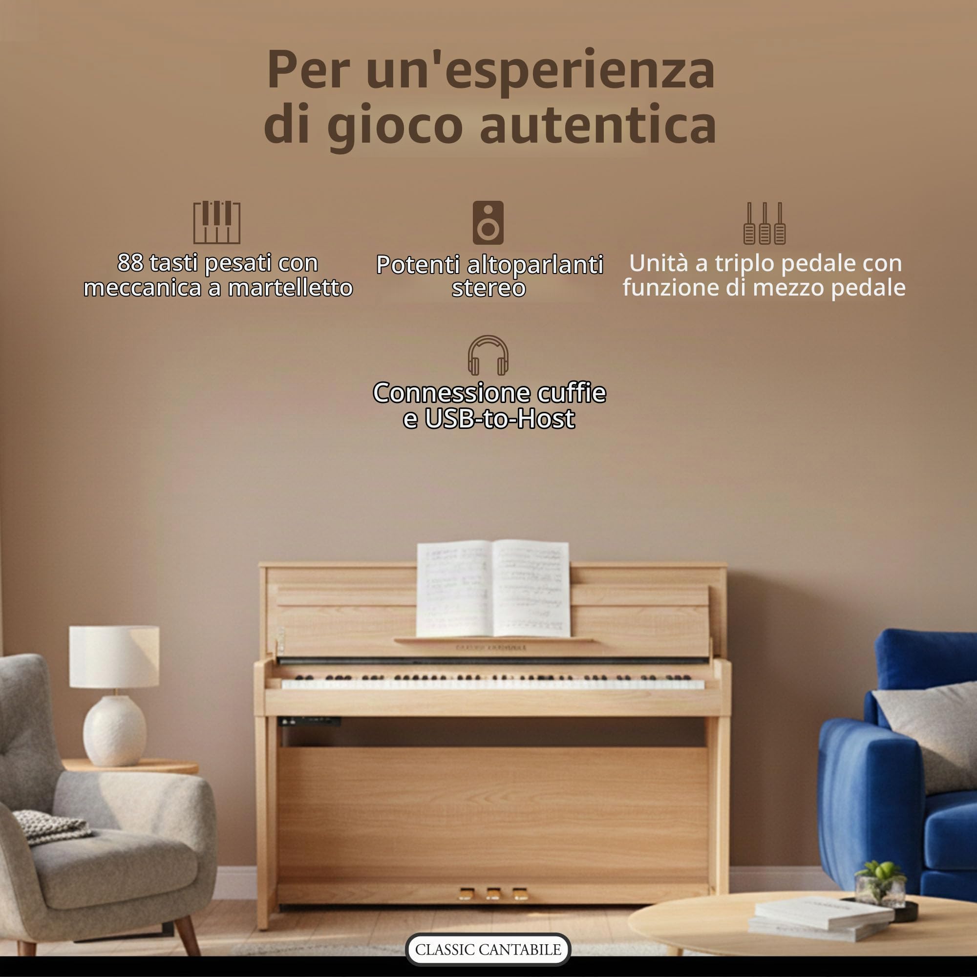 Classic Cantabile UP-1 LA Pianoforte Verticale Digitale - 88 Tastiera pesata - Pianola musicale con USB, MIDI, 256 polifonia, 40 voci - Piano digitale Set con Panca e Cuffie - Quercia Chiara