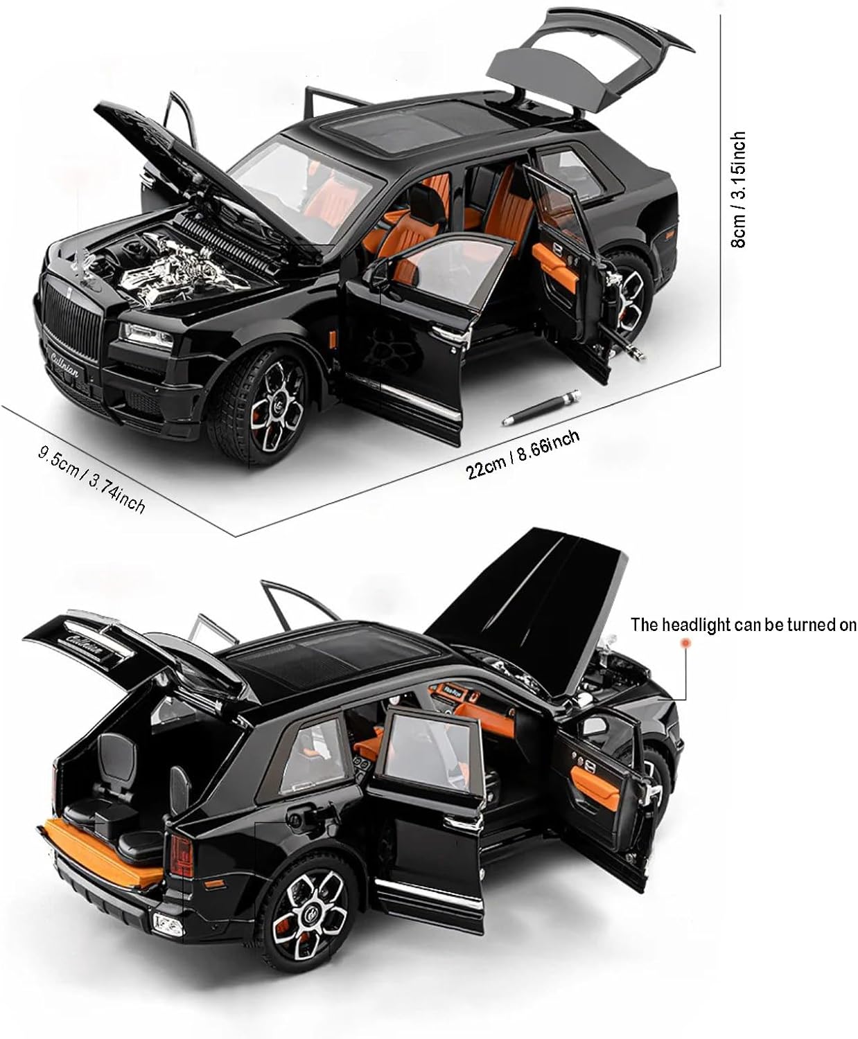 HTLNUZD 1/20 Scale Diecast Metal Alloy Model Car with Simulation Sound & Light - for Rolls Royce SUV Cullinan, Premium Collectible & Gift (Black)