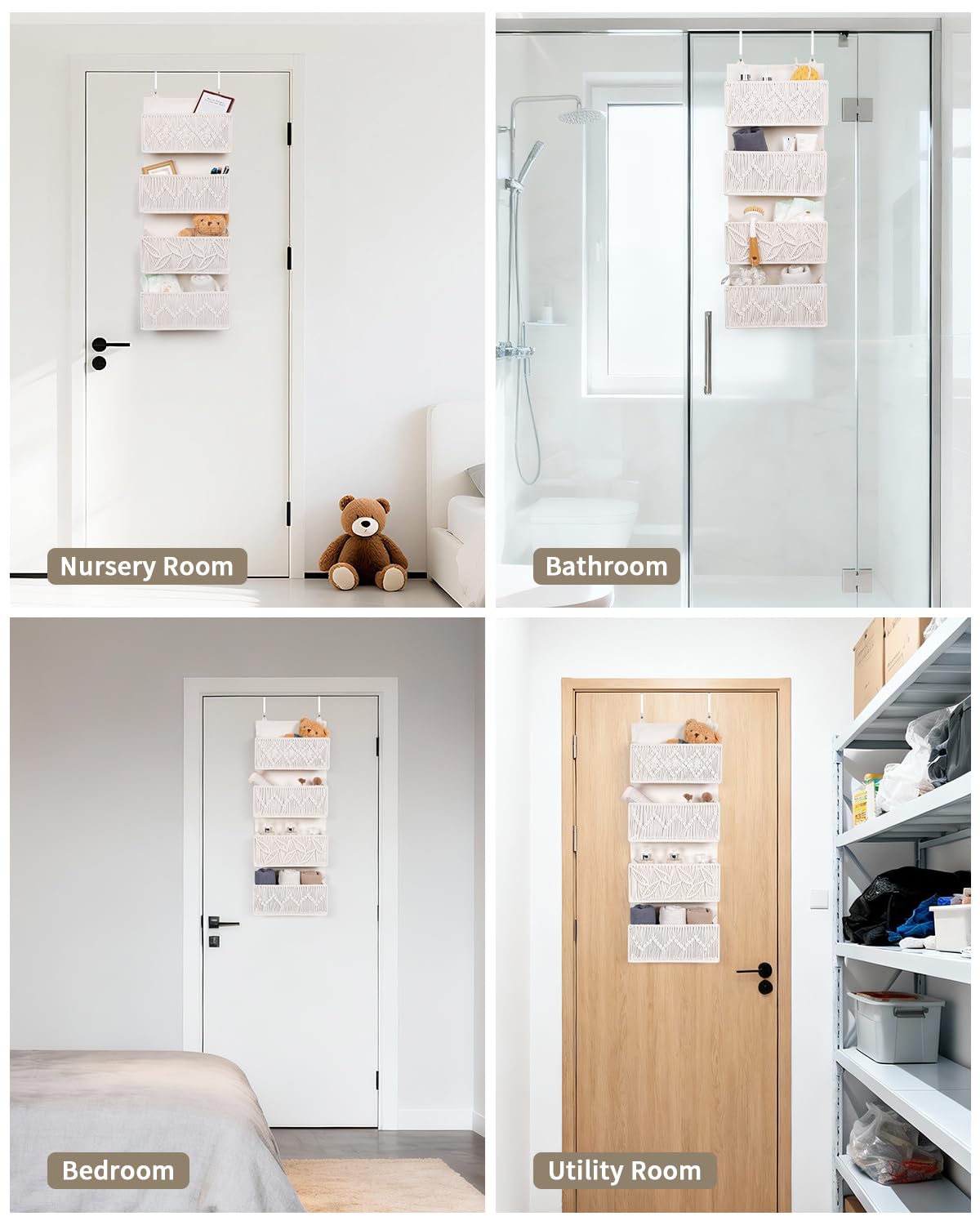 ANTIS'S HOME Organizador colgante para colgar sobre la puerta, tejido a mano de lino de algodón beige con 4 bolsillos, almacenamiento vertical para dormitorio, baño, guardería, cocina, organizador