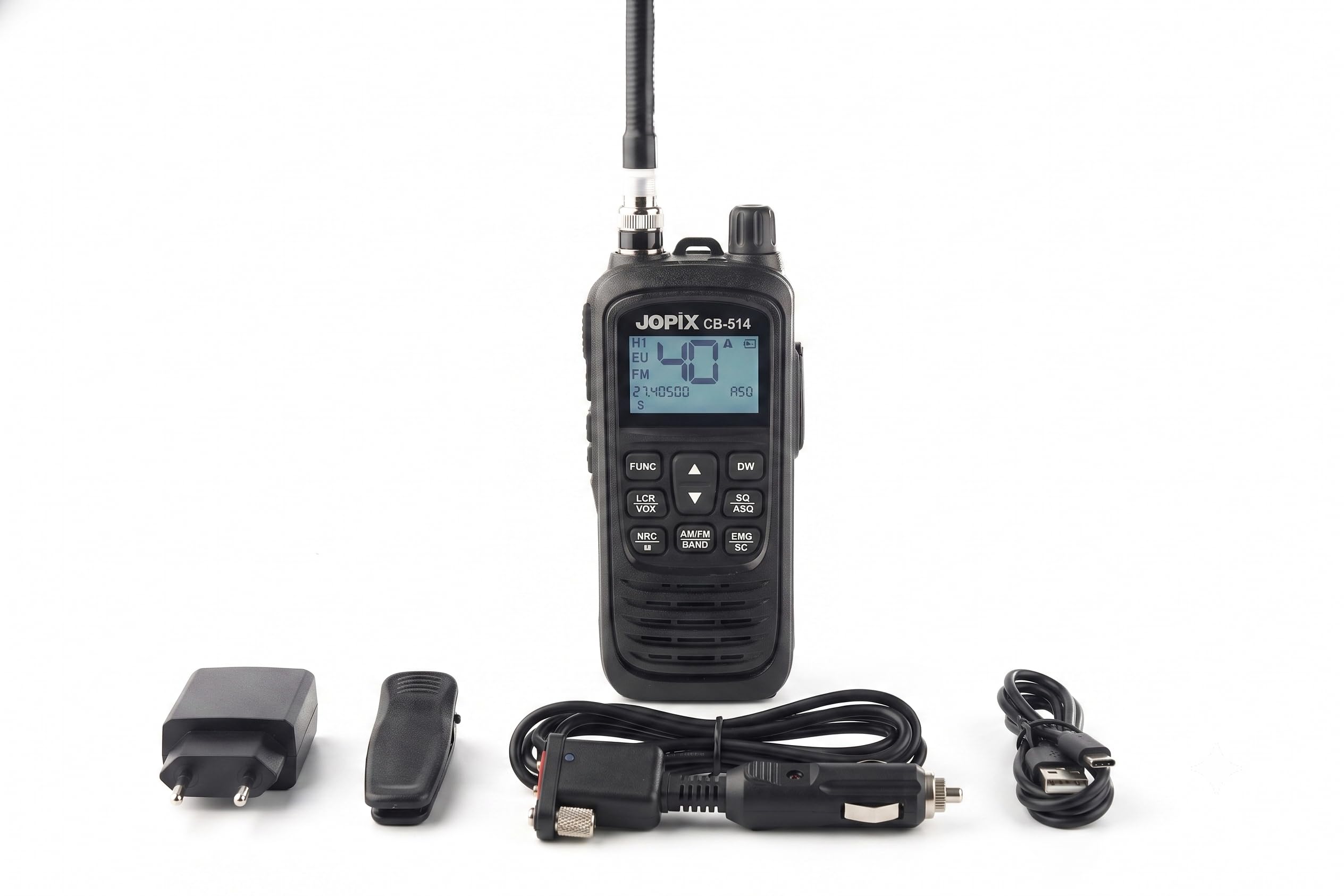 Jopix CB-514 Radio CB Portatile Kit Auto Walkie Talkie AM FM 27MHz | Include adattatore 12V per accendisigari, antenna BNC da 25 cm e ricarica USB-C. Tecnologia di riduzione del rumore NRC.