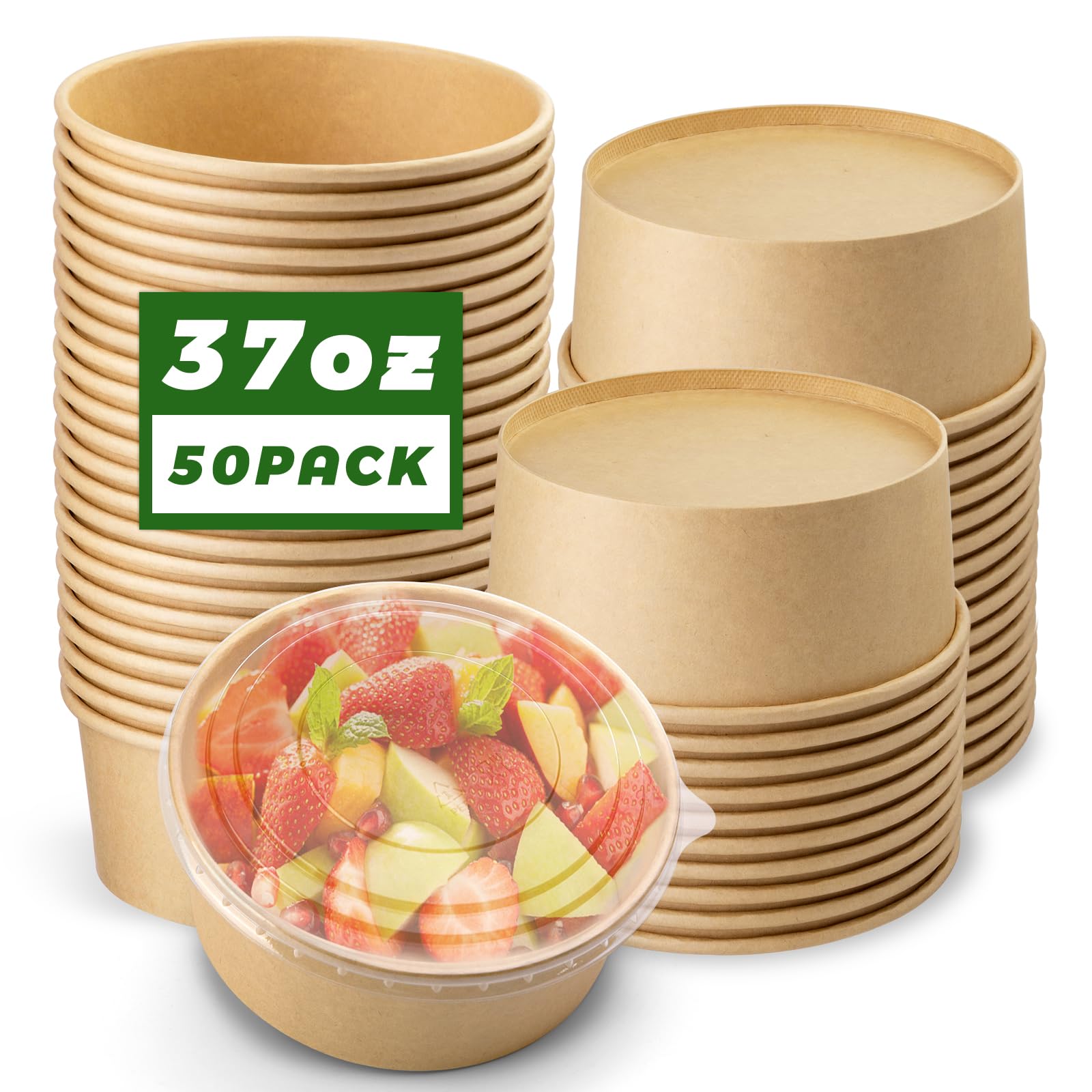Paquete de 50 recipientes desechables para alimentos con tapas transparentes, cuencos de papel desechables de 1100 ml, recipiente de alimentos de 37 onzas con tapa adecuado para ensalada dietética,
