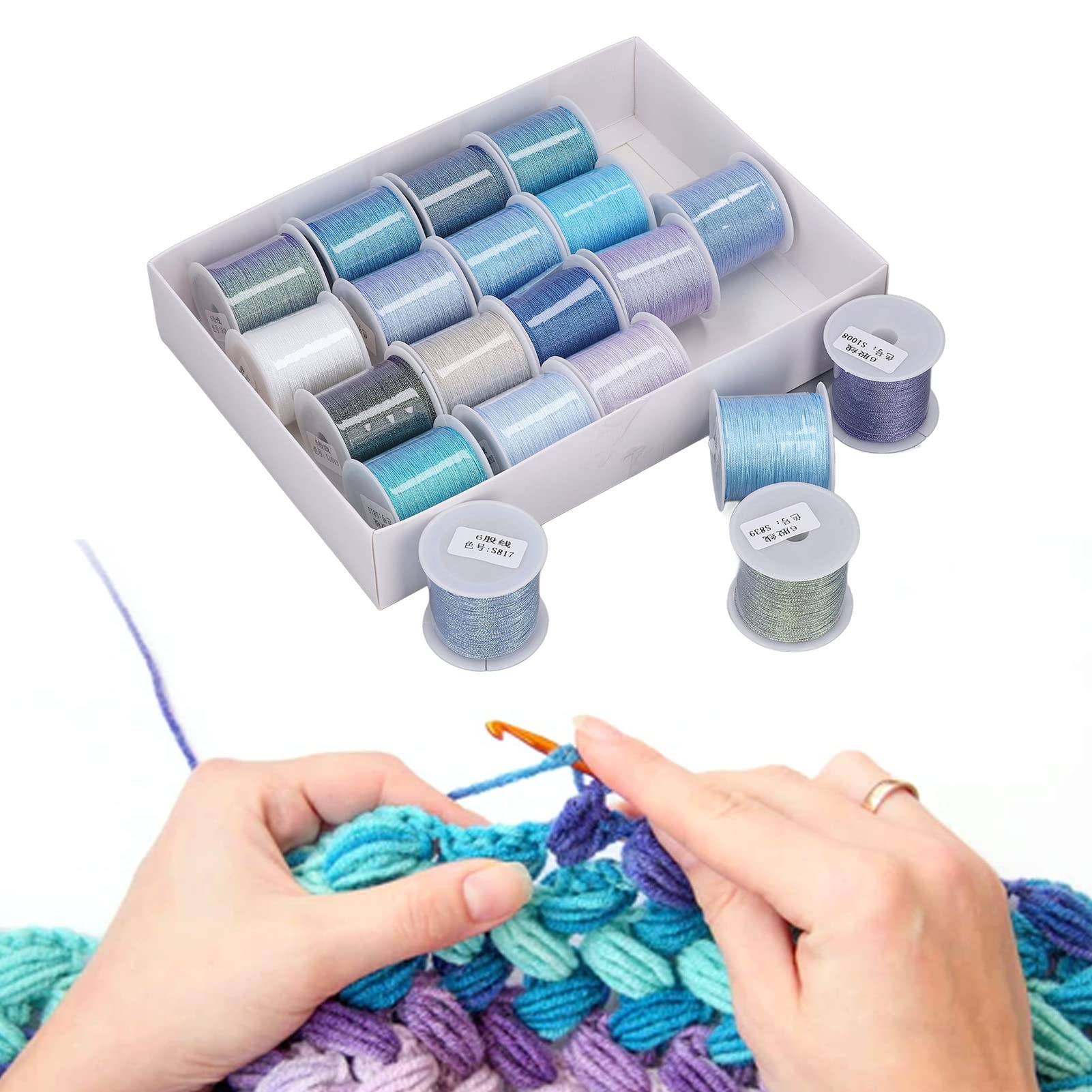 20 pezzi di filo da ricamo in poliestere a 6 capi, filo da cucito colorato blu e viola per la creazione di gioielli, corda intrecciata a mano lunga 50 m e con diametro di 0,4 mm