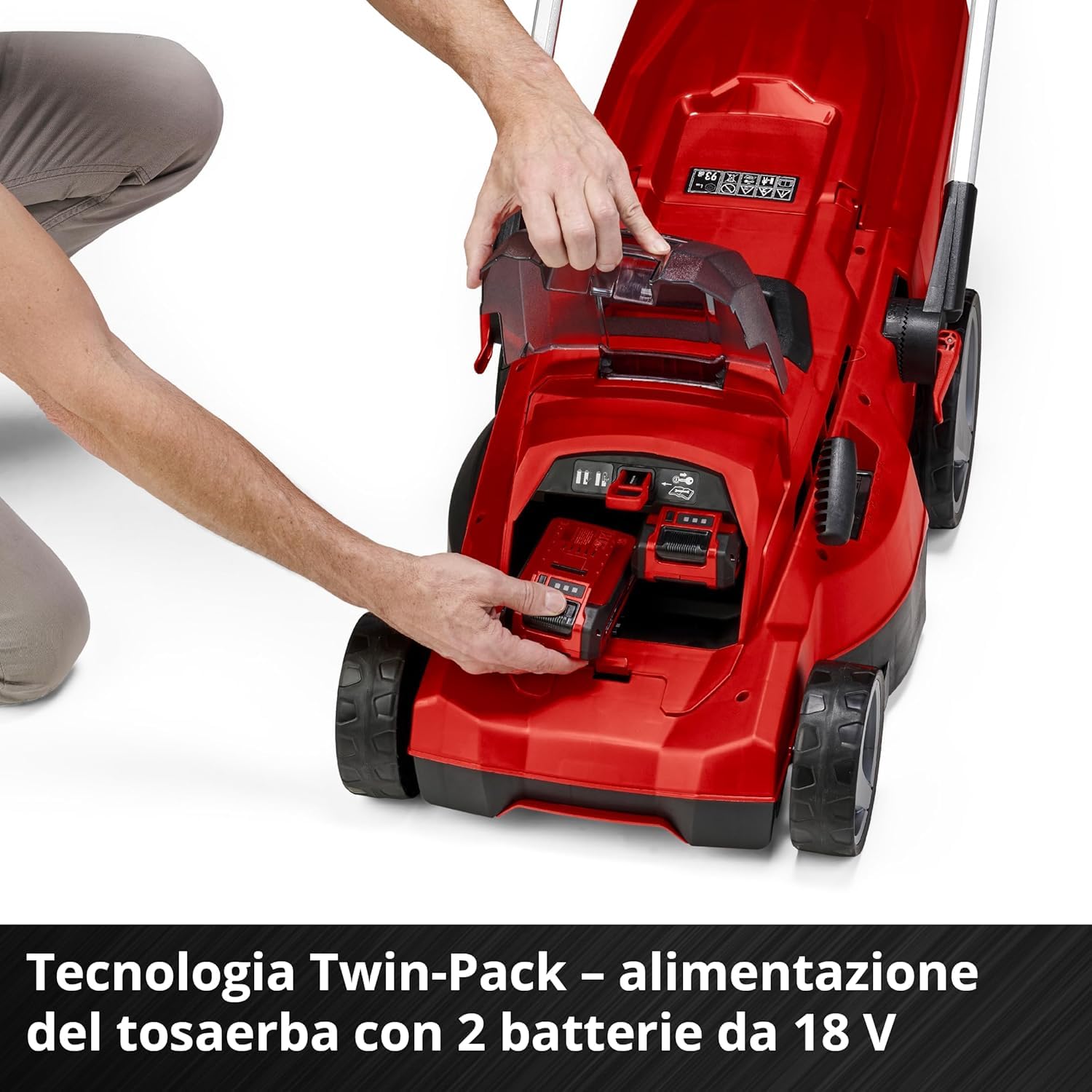 Einhell Tagliaerba a batteria RASARRO 36/36 Kit Power X-Change (36 V, largh. di taglio 36 cm, fino a 400 m², vano 45 l, alt. di taglio 25-75 mm, incl. 2 batterie 3,0 Ah Plus + 2 caricabatteria)