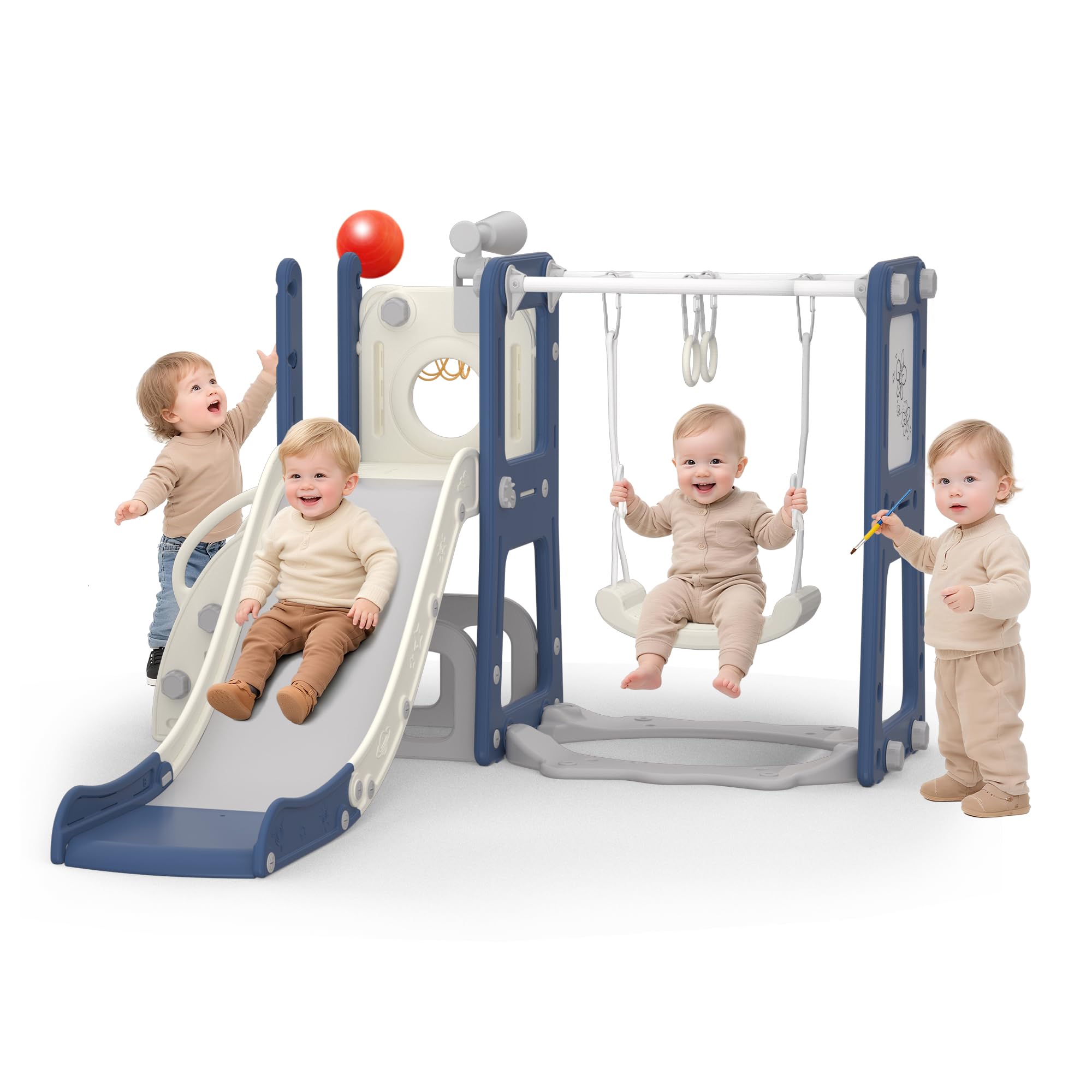 Hominewti Tobogán Infantil 8 en 1 con Columpio, Estructura de Escalada, Almacenamiento y aro de Baloncesto. Tobogán Independiente para Interior y Exterior, Azul