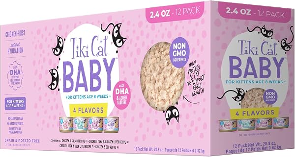 Tiki Cat Baby, Chicken & Salmon, High-Protein and 100% Non-GMO Ingredients, Wet Cat Food for Kittens 8 Weeks+, 2.4 oz. C
